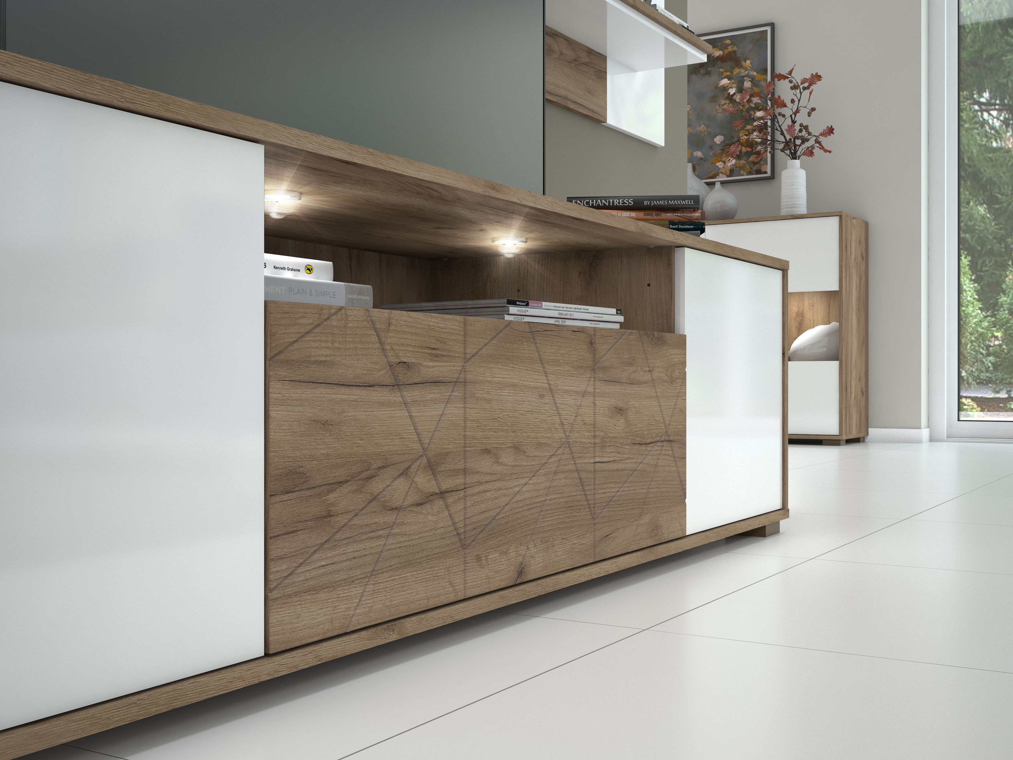 TV-Board PLACES OF STYLE "Stela", weiß (tobaco oak, crystal weiß hochglanz), B:180cm H:48,4cm T:46,5cm, Spanplatte, Sideboards, TV-Board, mit Push-to-open und Soft-Close-Funktion, Hochglanz UV-lackiert