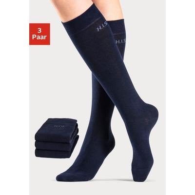 Kniestrümpfe H.I.S, Damen, Gr. 39-42, blau (3x marine), Polyamid, Baumwolle, Elasthan (LYCRA), unifarben, elastisch, Socken, ohne einschneidendes Bündchen Image