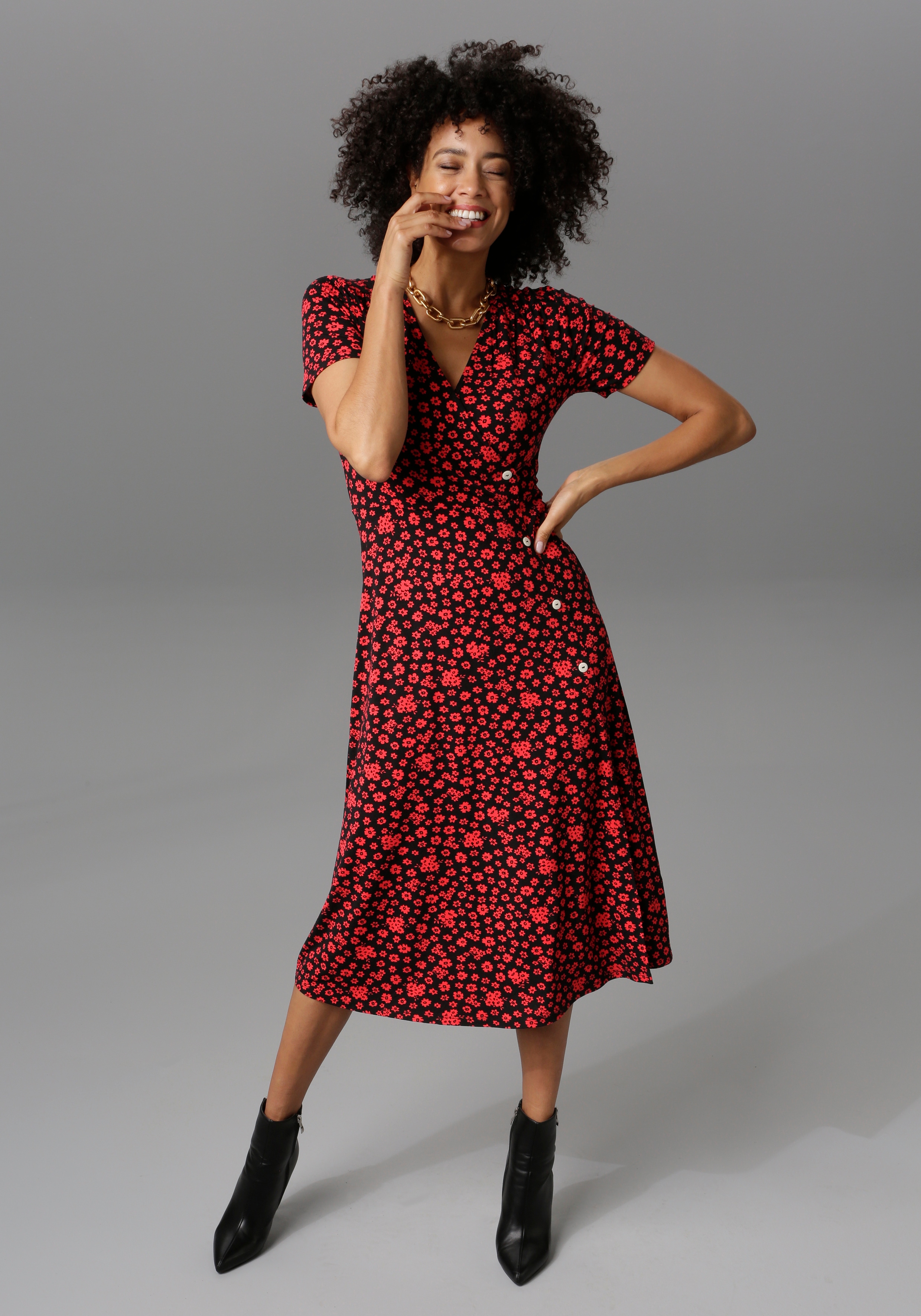 Jerseykleid ANISTON CASUAL, Damen, Gr. 44, N-Gr, rot (schwarz, rot), Single Jersey, Obermaterial: 95% Viskose, 5% Elasthan, bedruckt, geblümt, figurbetont kniebedeckend, V-Ausschnitt, Kleider Jerseykleid, in Wickeloptik