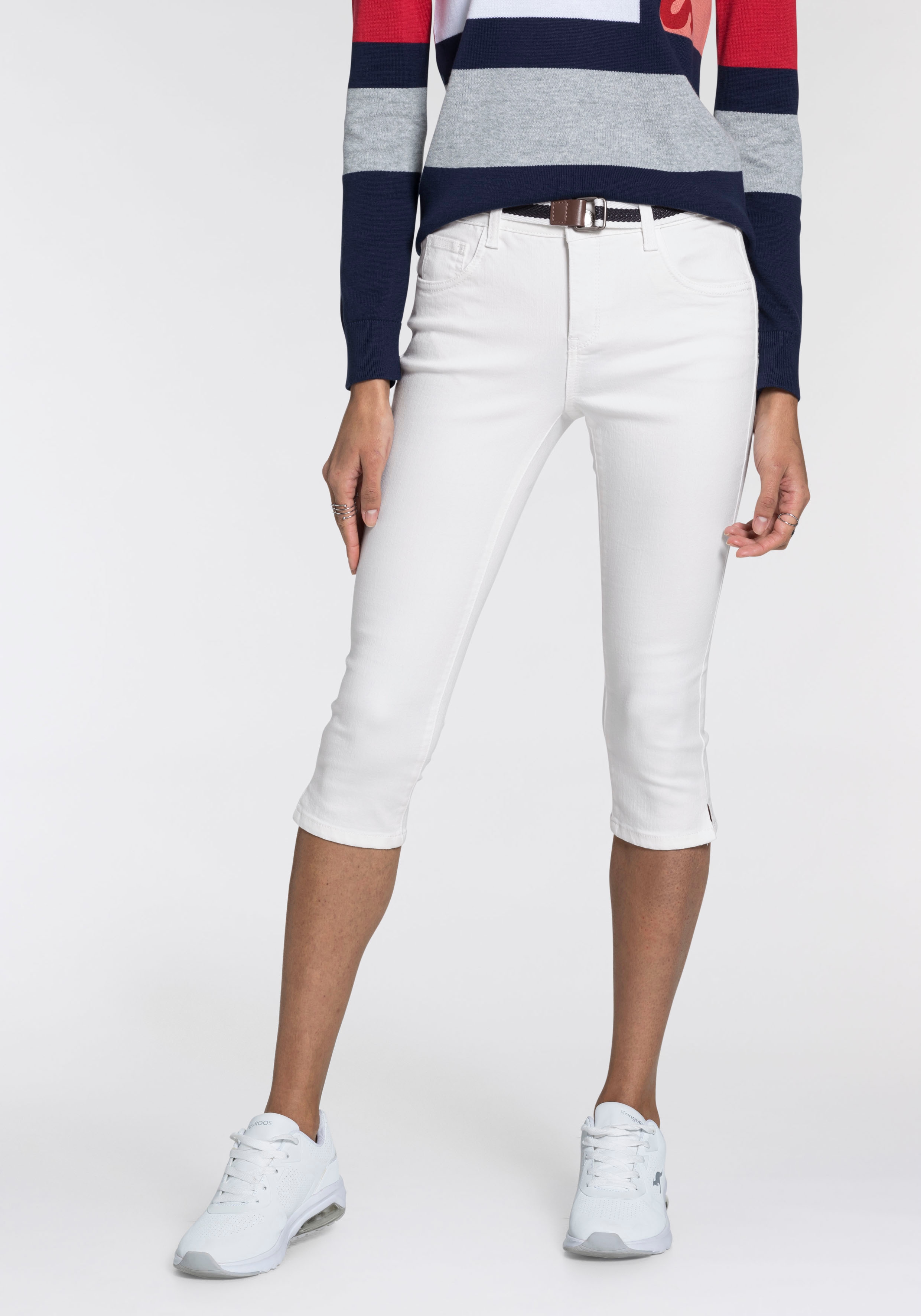 Caprijeans KANGAROOS "CAPRI-JEANS mit Gürtel", Damen, Gr. 50, N-Gr, weiß, Denim/Jeans, Obermaterial: 36% Baumwolle, 36% Viskose, 26% Polyester, 2% Elasthan, skinny fit 3/4-Länge, Jeans 5-Pocket-Jeans, Skinny Fit, mit Schlitz, normale Leibhöhe Image