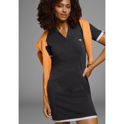 Sweatkleid KANGAROOS, Damen, Gr. 36 (S), N-Gr, schwarz, Obermaterial: 100% Baumwolle. Kapuzenfutter: 100% Baumwolle, casual, figurbetont, V-Ausschnitt, Kurzarm Lagenoptik, Kleider, in Longform, aus Baumwoll-Sweatqualität, mit Kängurutasche Image