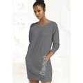 Sweatkleid BENCH. LOUNGEWEAR, Damen, Gr. 40/42, N-Gr, grau (stone, weiß), Interlock, Jersey, Obermaterial: 60% Baumwolle, 40% Polyester, unifarben, Basic, bequem ca. Mitte Oberschenkel, Rundhals, Langarm Rippbündchen, Kleider, mit seitlichem Logoprint