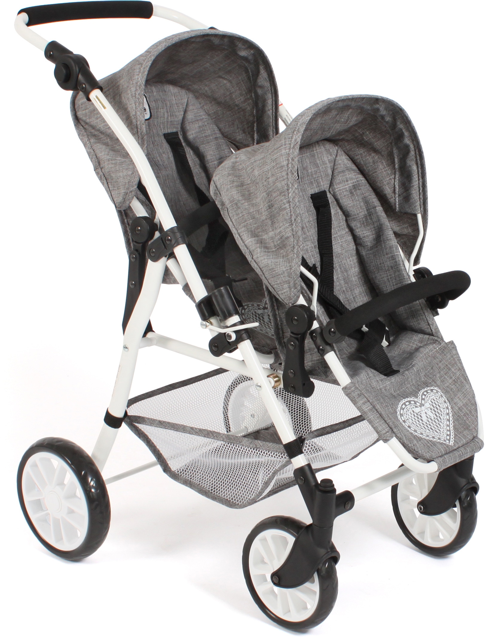Puppen-Zwillingsbuggy CHIC2000 "Twinny, Jeans Grey", grau (jeans grau), Puppenwagen, KinderB:63cm H:77cm T:63cm, Kunststoff, Metall, Stoff, mit schwenkbaren Vorderrädern, B:63cm H:77cm T:63cm