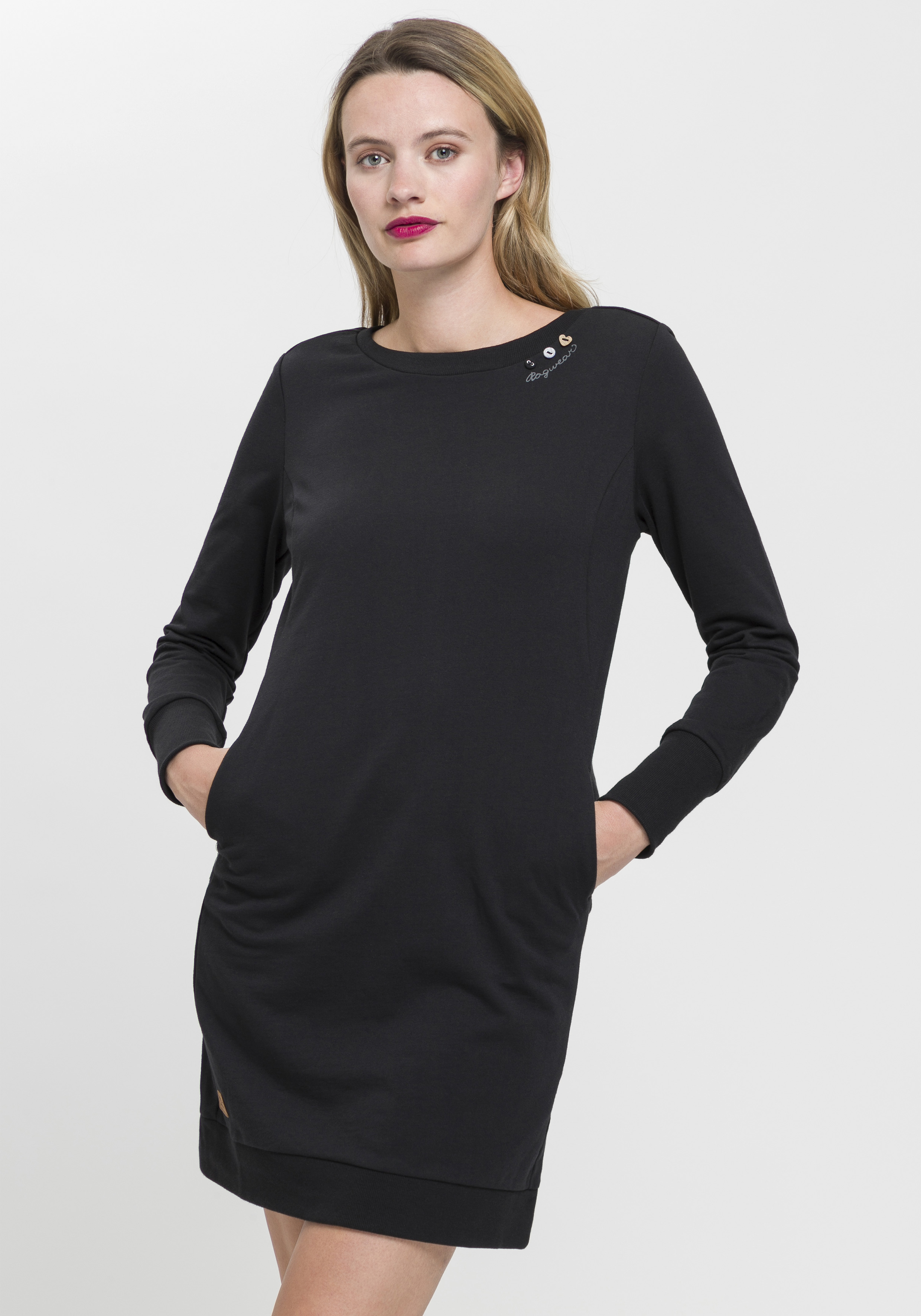 Sweatkleid RAGWEAR "MENITA O", Damen, Gr. L (40), N-Gr, schwarz (schwarz 1010), Sweatware, Obermaterial: 50% Baumwolle, 50% Polyester, kontrastfarbene Details, unifarben, figurbetont, Rundhals, Kleider Sweatkleid, mit veganer 3 Knopf-Applikation