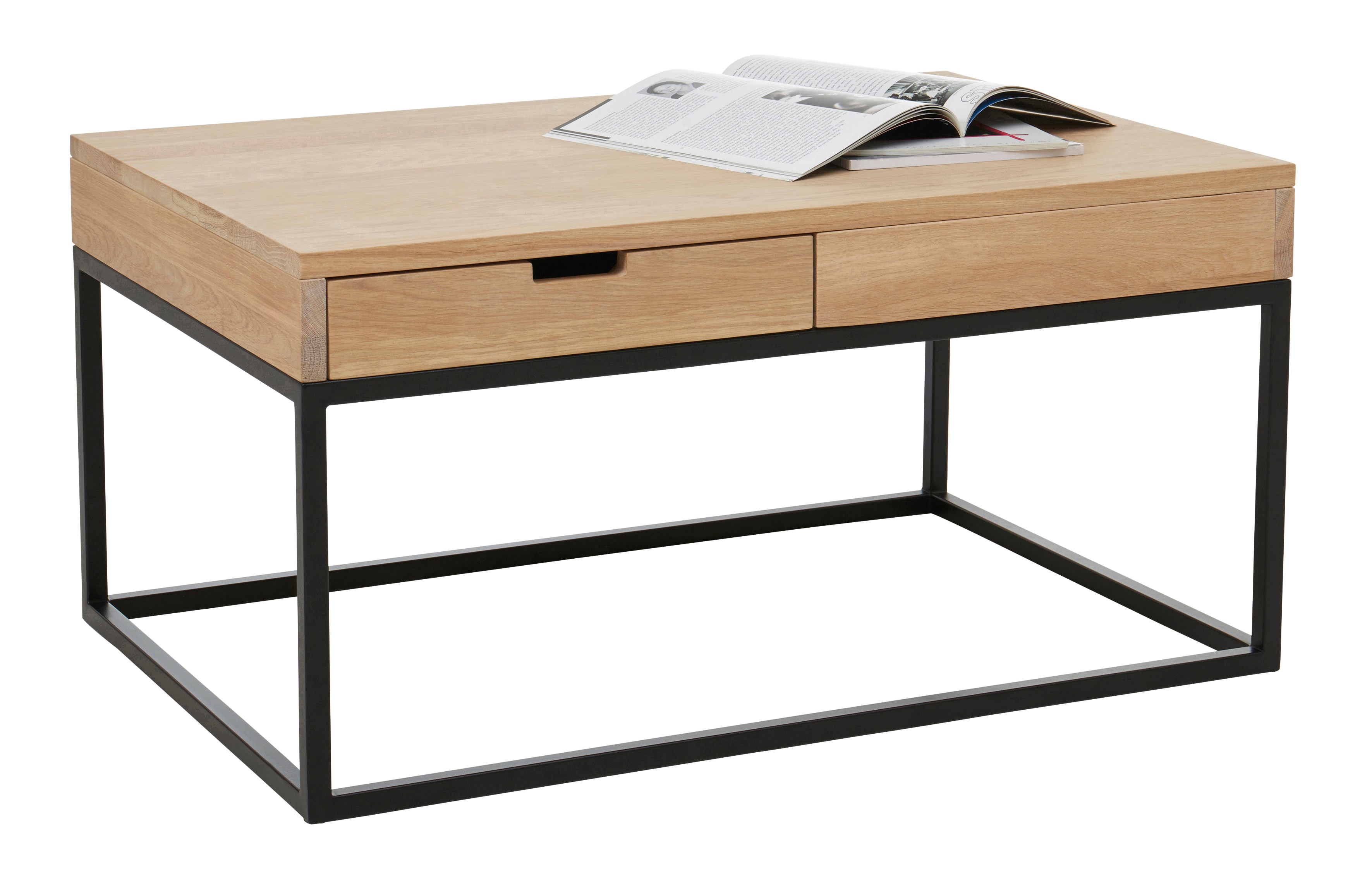 Couchtisch HOME AFFAIRE "Rava", beige (natur, schwarz), B:90cm H:45cm T:60cm, Tische, Couchtisch Holz-Couchtische Eckige Couchtische, aus Eichenholz, FSC zertifiziert, mit 2 Schubladen, Metallgestell