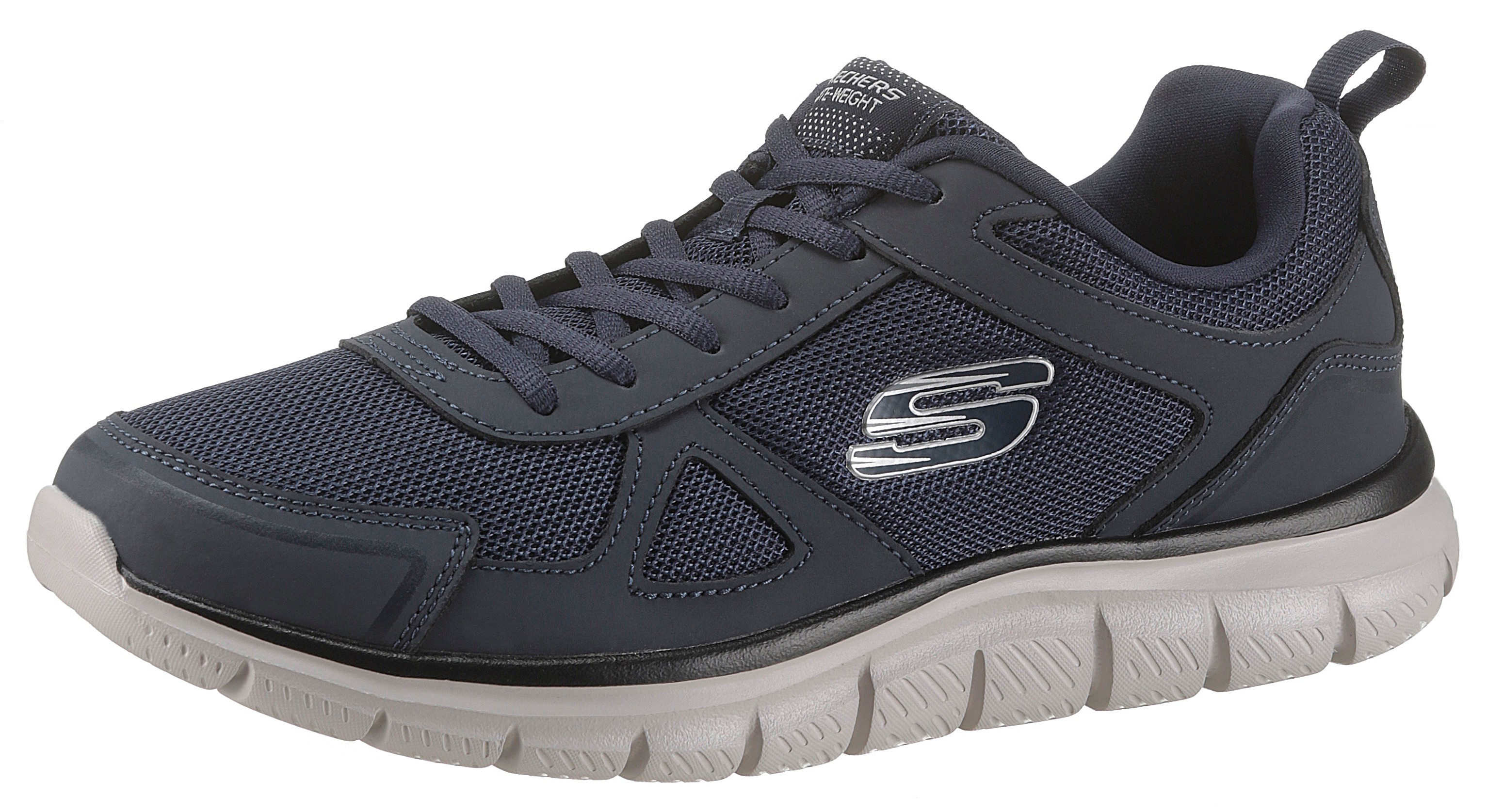 Sneaker SKECHERS "Track-Scloric", Herren, Gr. 43, blau (navy), Leder, Textil, Schuhe Sneaker, Freizeitschuh, Halbschuh, Schnürschuh mit Skechers Memory Foam