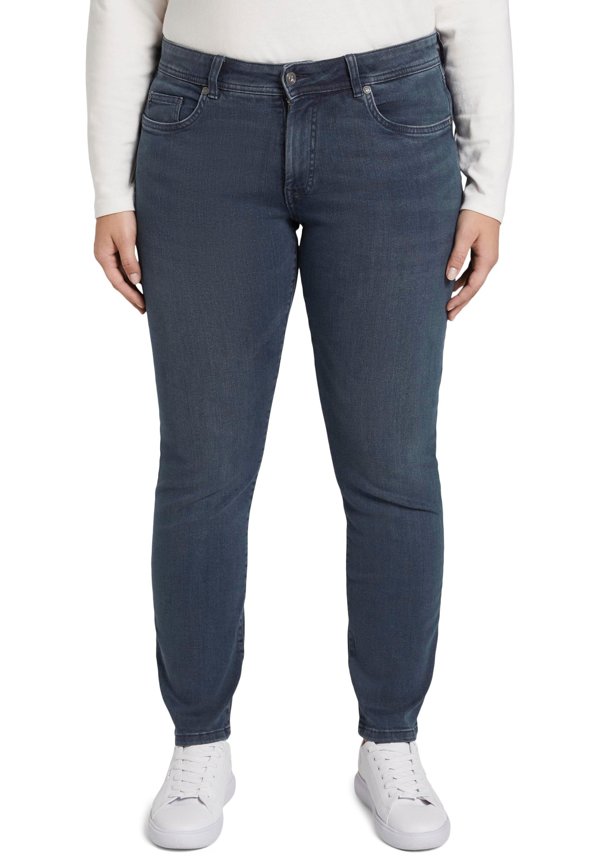 Slim-fit-Jeans TOM TAILOR PLUS, Damen, Gr. 46, N-Gr, blau (used schwarz stone blau), Denim/Jeans, Obermaterial: 91% Baumwolle, 7% Polyester, 2% Elasthan, unifarben, slim fit normal, Jeans Slim-fit-Jeans
