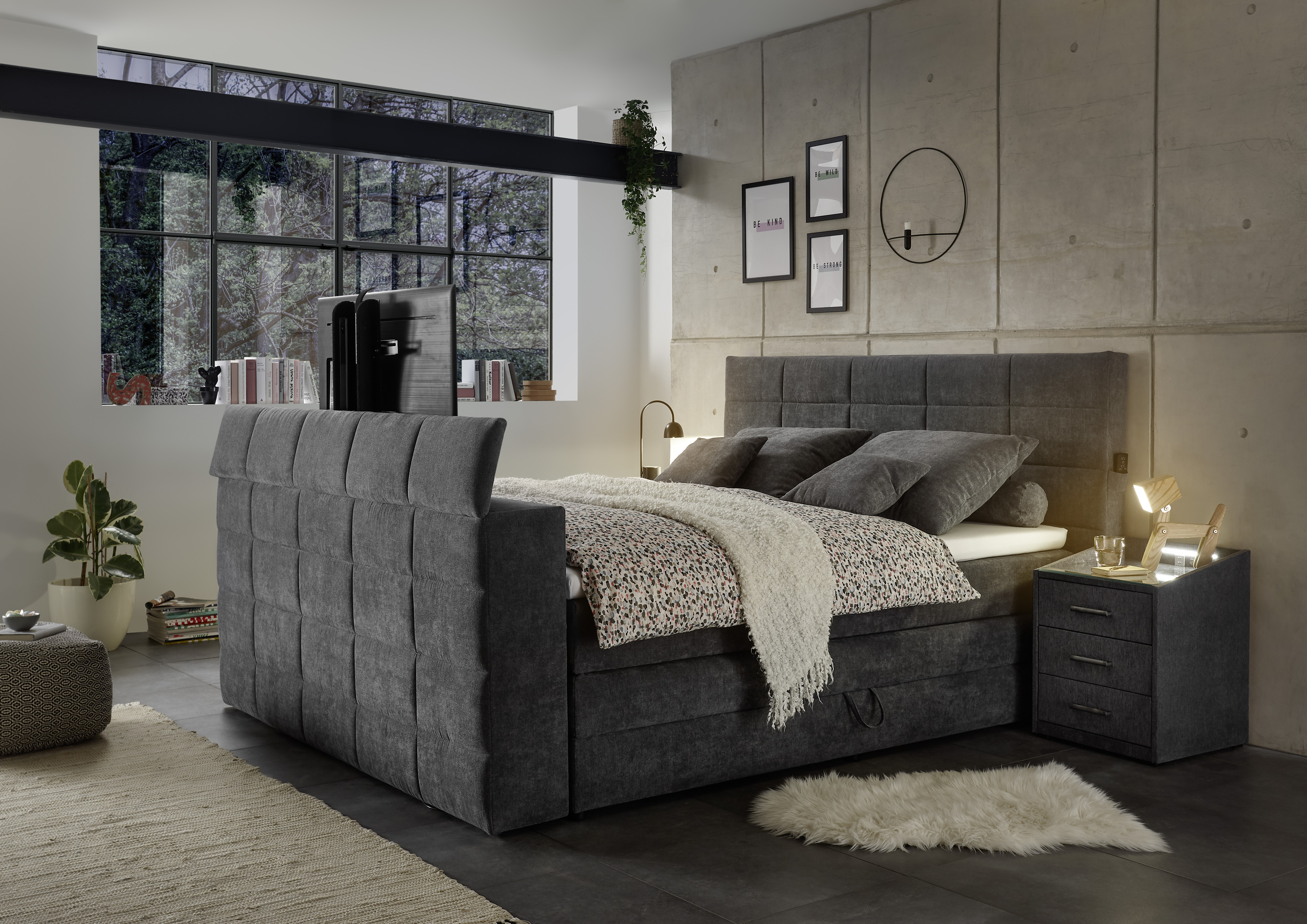 Boxspringbett ED EXCITING DESIGN "Denver", grau (anthrazit uran 04), L:240cm, 95% Polyester, 5% Nylon, Komplettbetten, Boxspringbett, inkl. 1 bzw. 2 Bettkästen, motorisierte TV-Halterung bis 40 Zoll Image