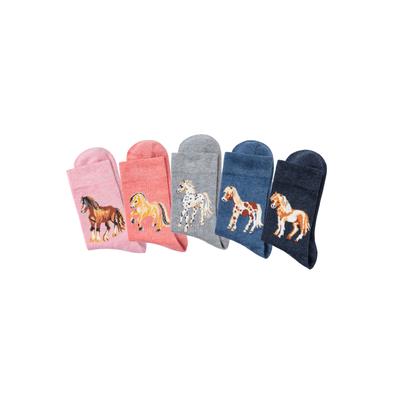 Socken H.I.S, Kinder, Gr. 39-42, bunt (1x hellrosa, meliert, 1x lachs, meliert, 1x hellgrau, meliert, 1x jeans, meliert, 1x dunkel jeans, meliert), Baumwollmischung, uni und gemustert, elastisch, Socken Socken, Mit unterschiedlichen Pferdemotiven