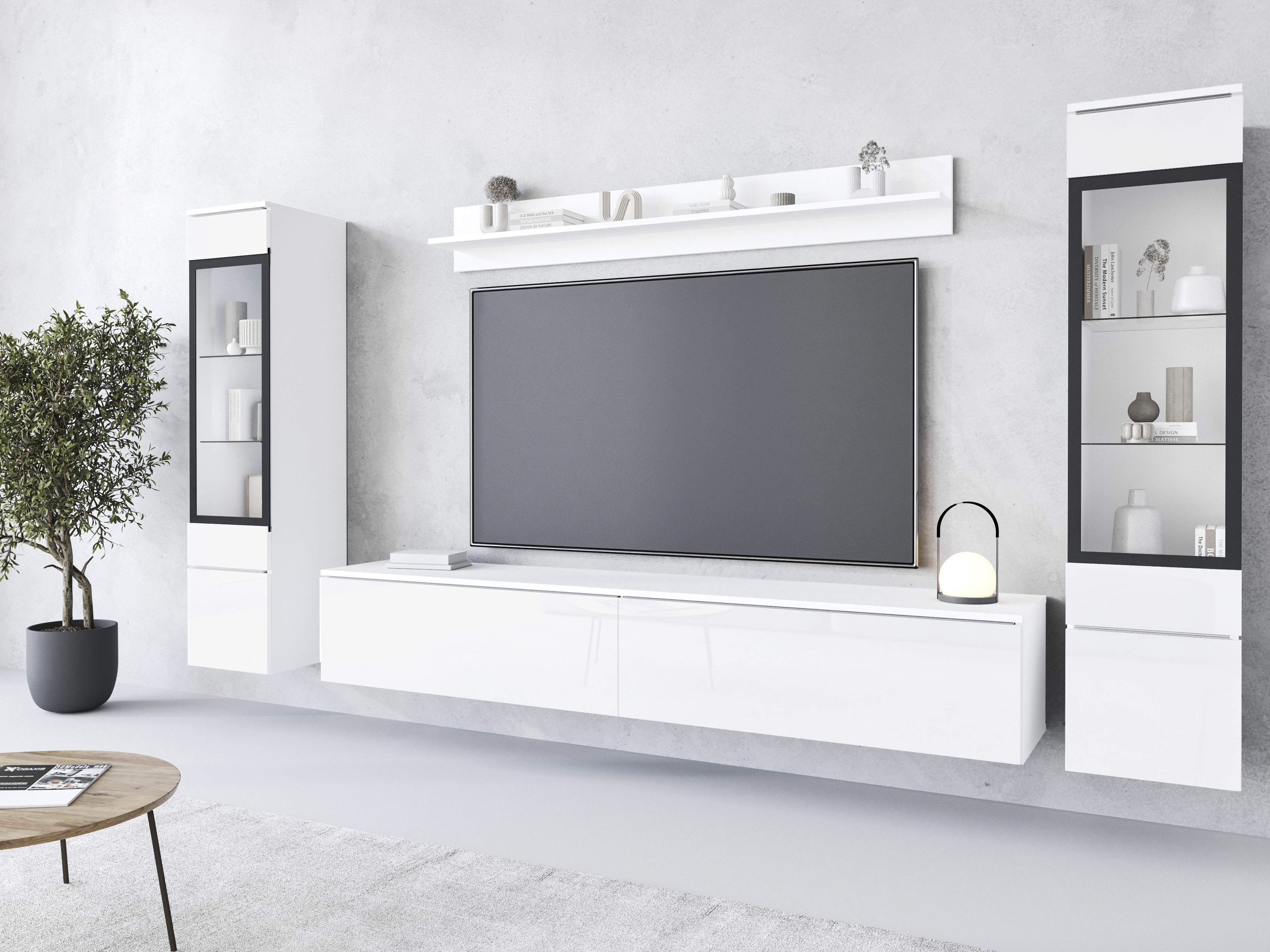 Wohnwand INOSIGN "VERA II", weiß (weiß matt, weiß hochglanz), B:260cm H:130cm T:33cm, Kastenmöbel-Sets, Mediawand 260 cm, Vitrine mit Verglasung, stehend und hängend, Topseller