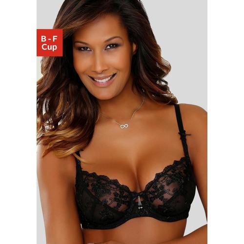 Bügel-BH LASCANA Gr. 100, Cup F, schwarz Damen BHs BH Bügel-BH Dirndl-BH Hochzeitsdessous Hochzeitswäsche Spitzen-BH Spitzenwäsche Trachtenwäsche mit transparenter Stickerei-Spitze, Dessous