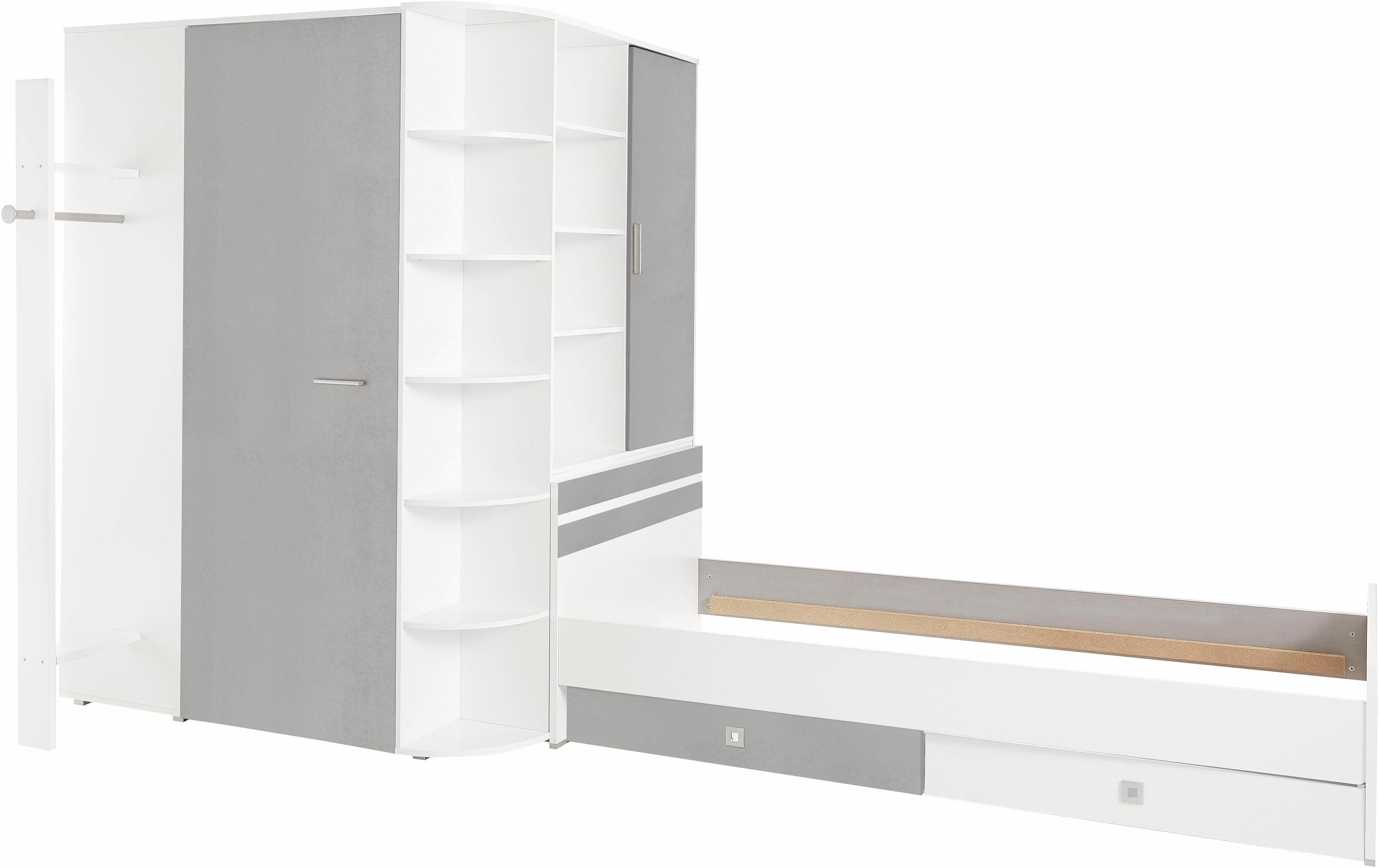Jugendzimmer-Set WIMEX "Joker Kleiderschrank mit Garderobe, Bett und Stauraumschubladen", grau (weiß, betonfarben lichtgrau), Schlafzimmermöbel-Sets Image