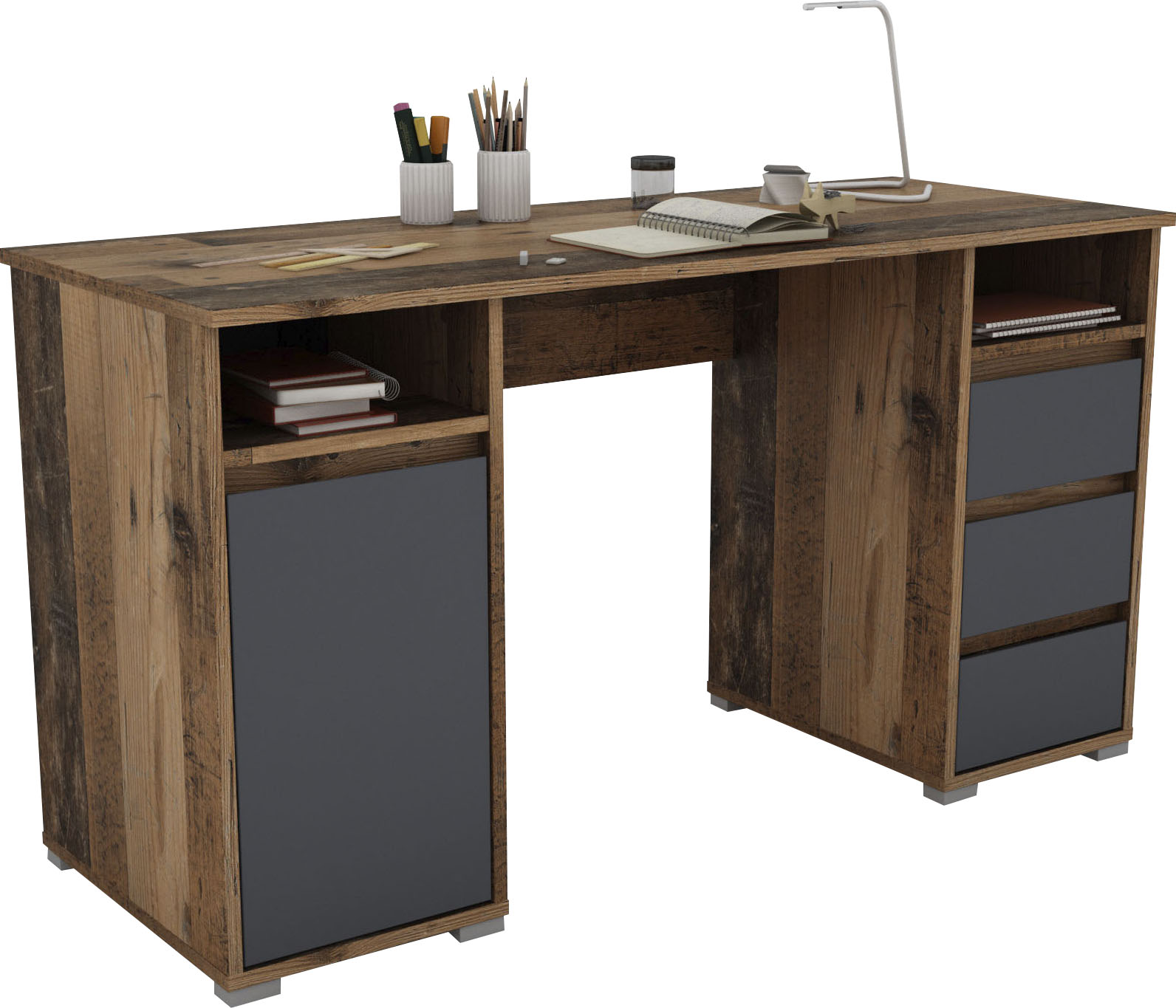 Schreibtisch BYLIVING "Lobo", braun (old wood, anthrazit, old wood, old wood), B:138cm H:75cm T:55cm, Tische, Schreibtisch, Breite 138 cm, Computertisch mit Schubladen, im modernen Design