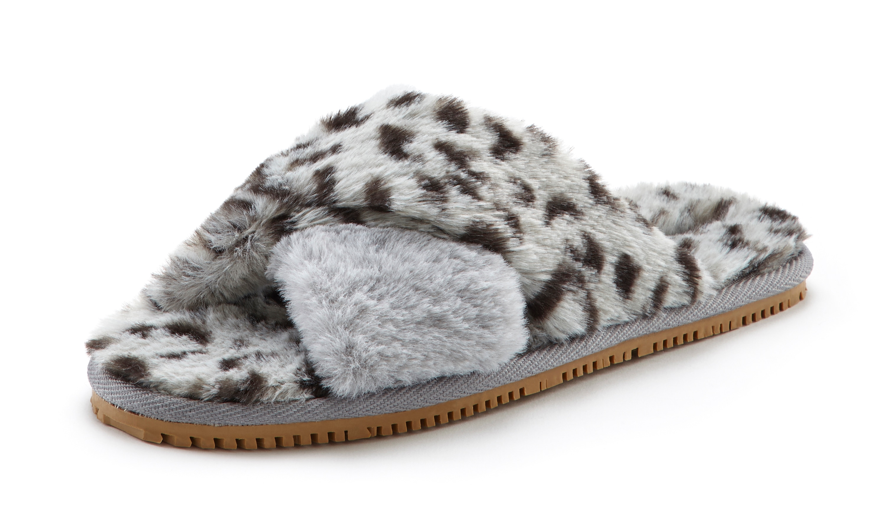 Hausschuh LASCANA "Mule, Sandale, offener Schuh, Pantolette, Pantoffel", Damen, Gr. 40, grau (grau, leo), Obermaterial: 100% Textilmaterial. Futter: 100% Textilmaterial. Decksohle: 100% Textilmaterial. Laufsohle: 100% Synthetik, animal-print, Schuhe...