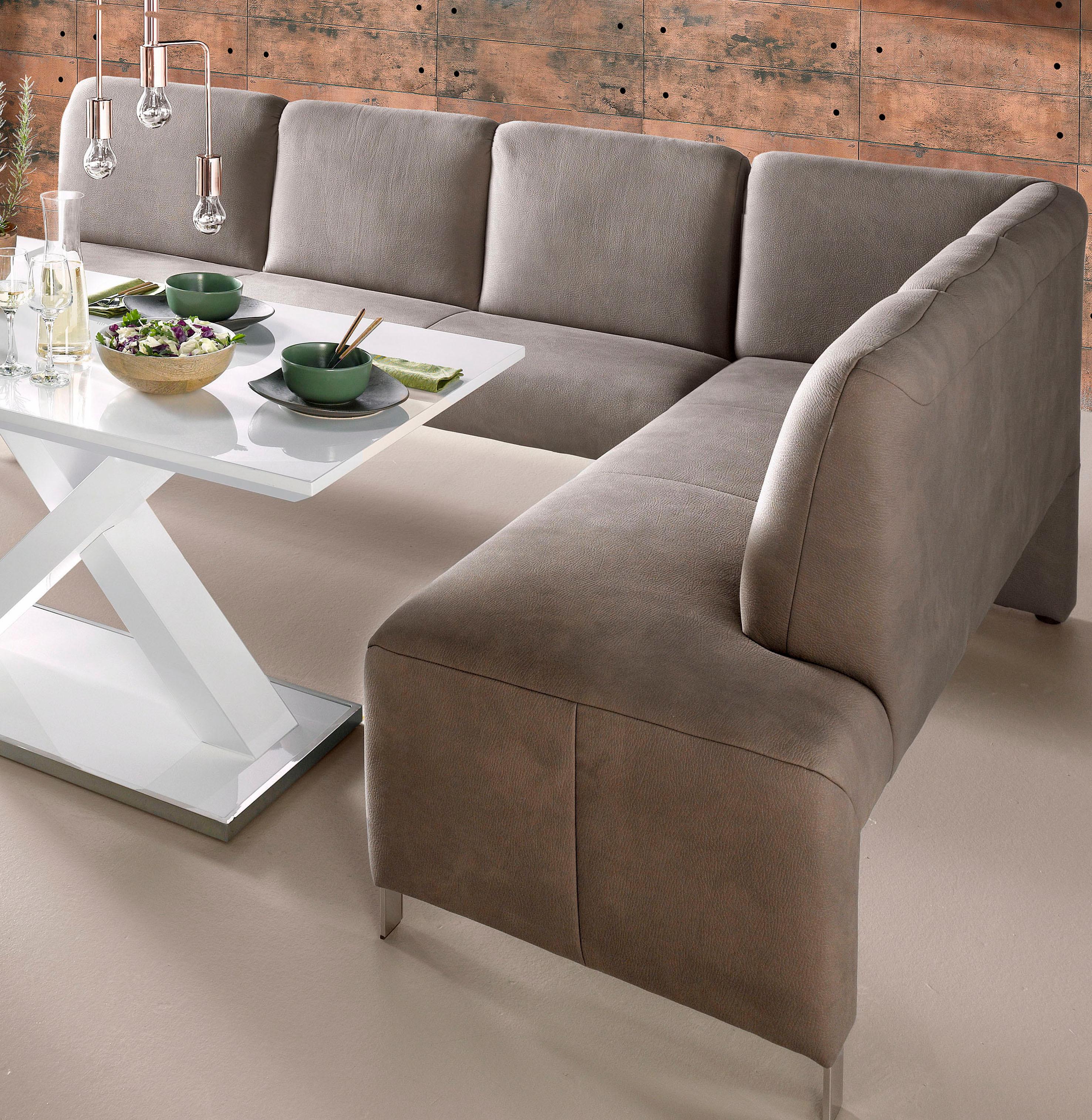 Eckbank EXXPO - SOFA FASHION "Intenso, modern, wahlweise in Leder oder Textil, 264/197 cm (B/T)", grau (taupe), B:264cm H:91cm T:197cm, NaturLeder;Strukturstoff (Zusammensetzung: Polyester 100%);Luxus-Microfaser (Zusammensetzung: Aufgeflockte 100%...
