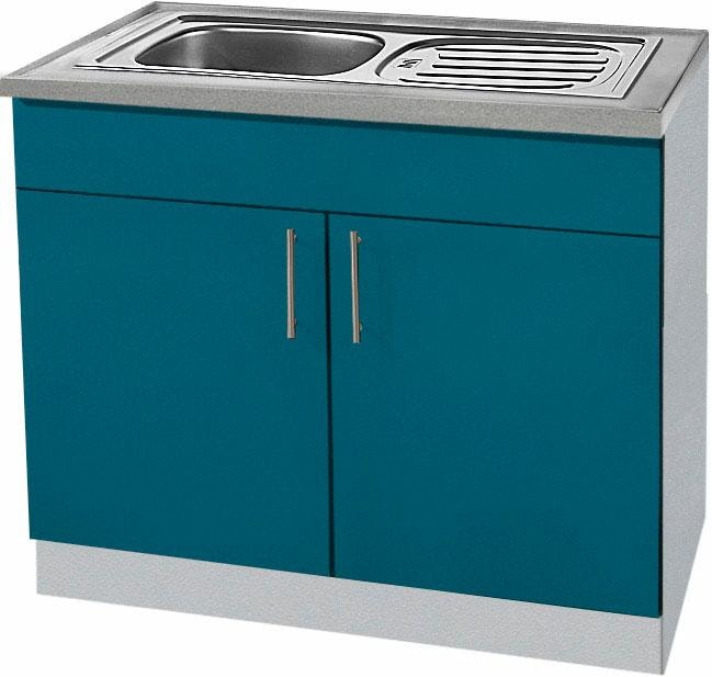 Spülenschrank WIHO KÜCHEN "Kiel", blau (front: ozeanblau, korpus: steel grau, arbeitsplatte: canvas grau), B:100cm H:85cm T:60cm, Schränke, 100 cm breit Image