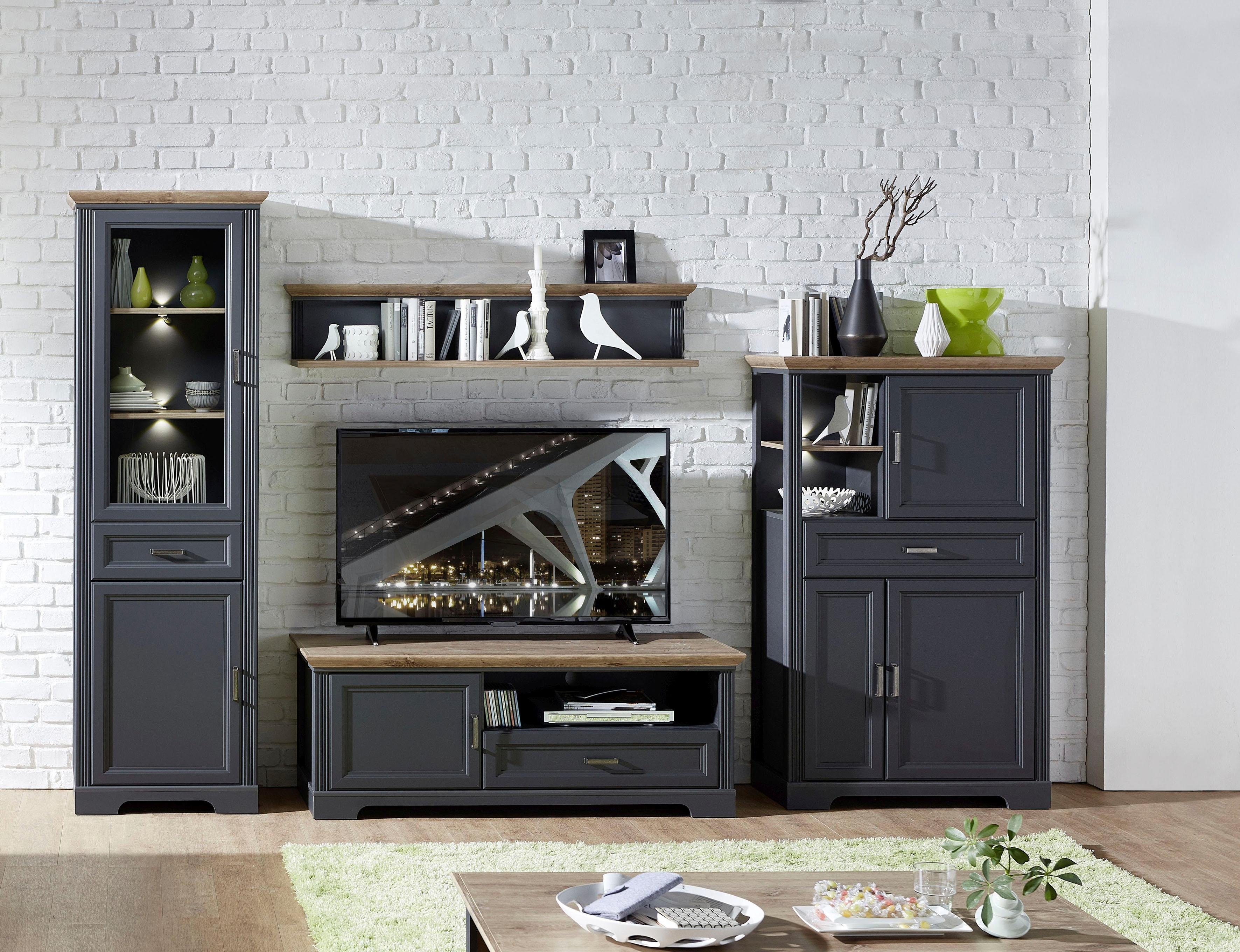 Wohnwand INNOSTYLE "Jasmin", grau (graphitfarben, eichefarben), Holzwerkstoff graphitfarben (Korpus)/ MDF graphitfarben (Front)/MDF eichefarben (Absetzung), Holzwerkstoff, MDF, Kastenmöbel-Sets, inkl. LED-Beleuchtung, mit Soft-Close-Funktion