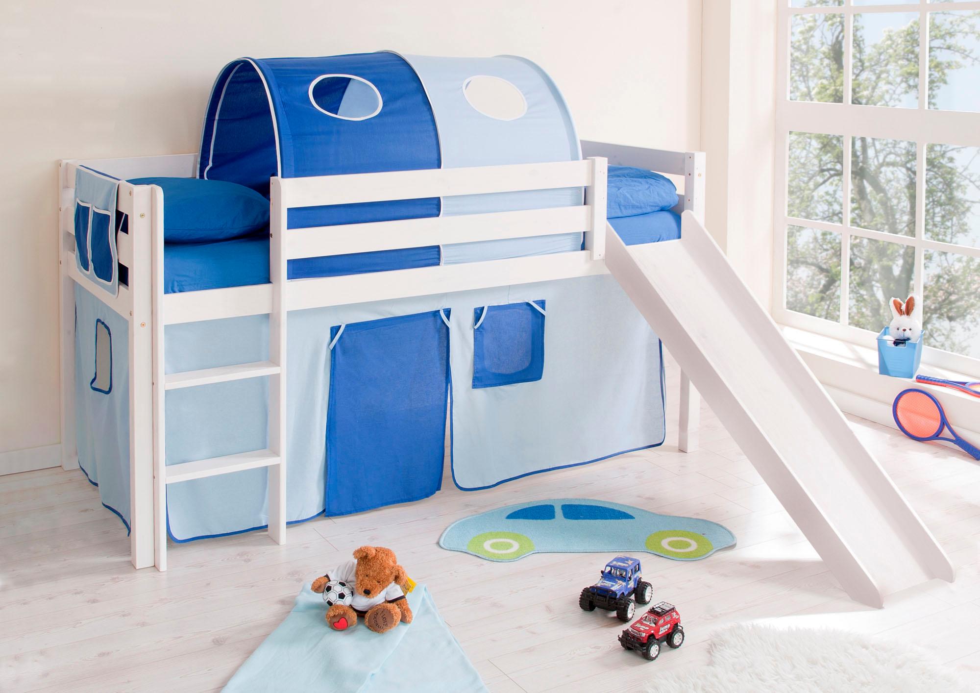 Hochbett TICAA "Manuel", blau (kiefer massiv weiß, hellblau, dunkelblau), B:217cm H:114cm L:205cm, Hochbetten, Hochbett, mit Rollrost in verschied. Ausführungen wahlweise mit Matratze, weiß