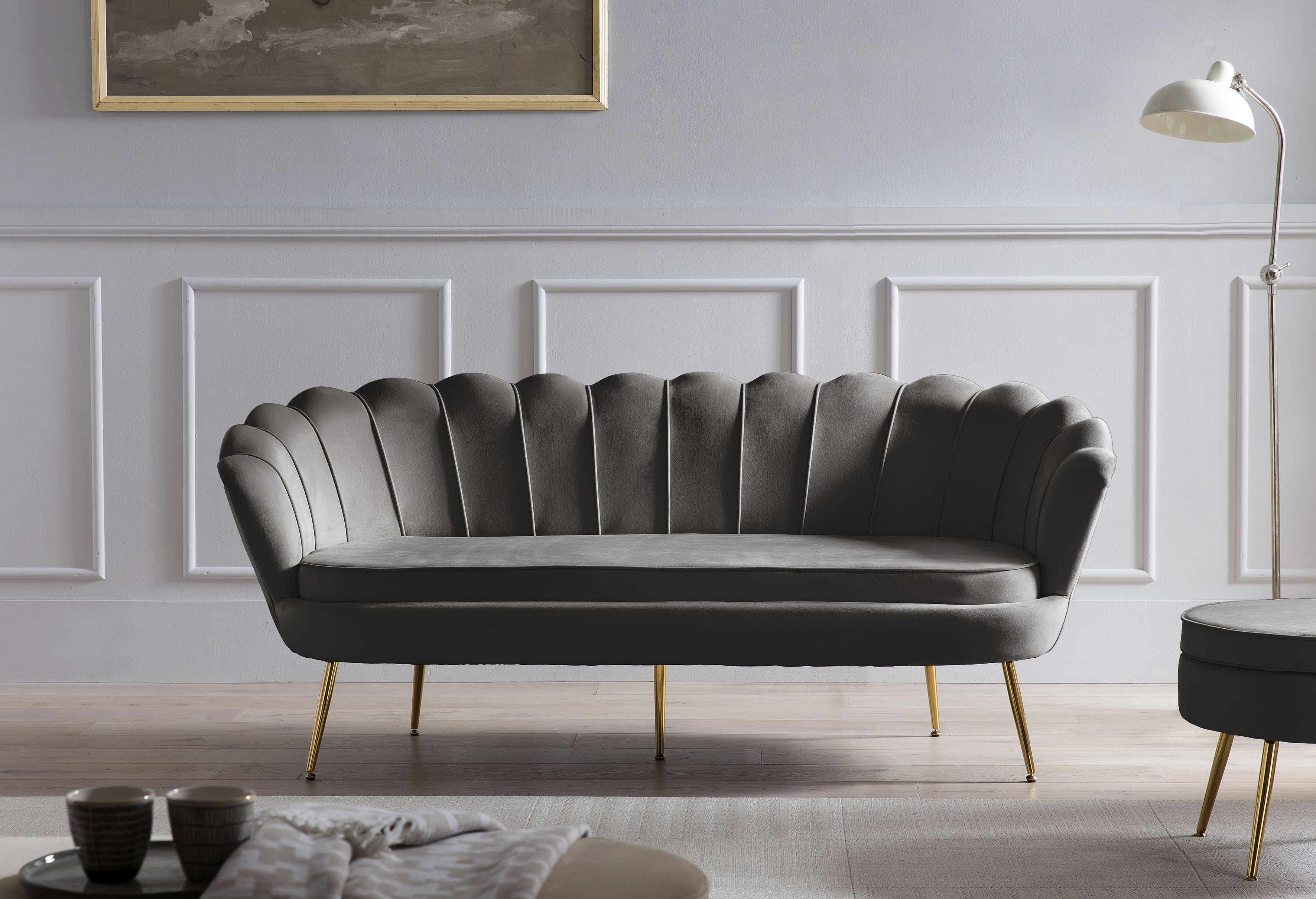 3-Sitzer SALESFEVER "Clam Komfortsofa", schwarz, B:180cm H:78cm T:76cm, Samtvelours (100% Polyester), Sofas, Extravagantes Muscheldesign: 180 cm Breite