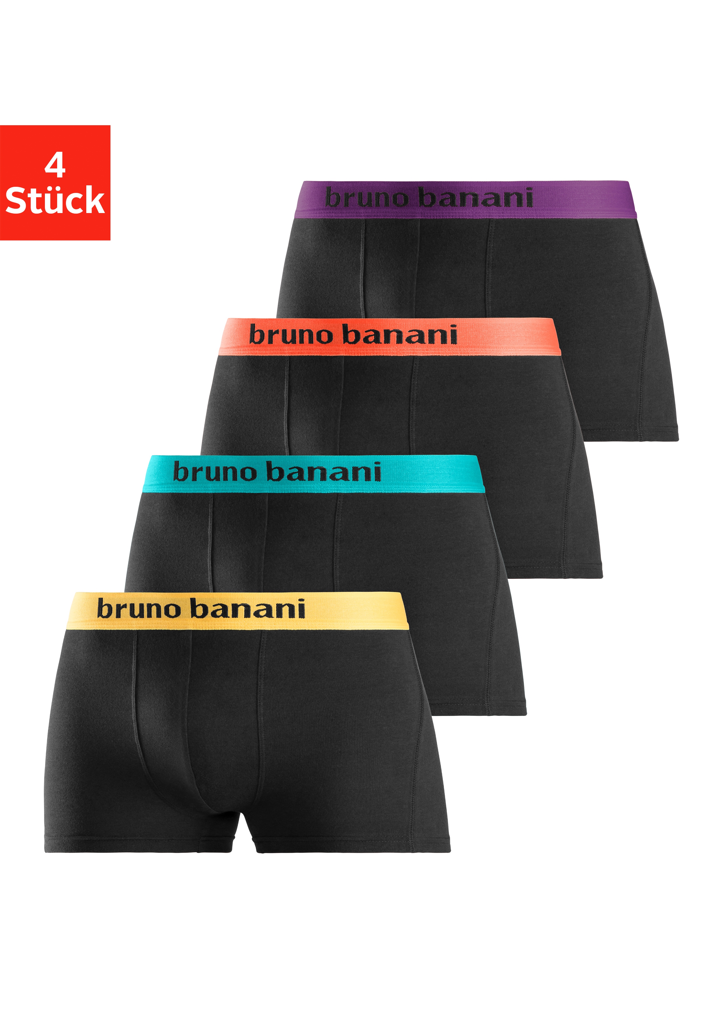 Boxer BRUNO BANANI "Boxershorts für Herren", Herren, Gr. XXL, 4 Stk., bunt (schwarz, orange, schwarz, türkis, schwarz, gelb, schwarz, lila), Jersey, Obermaterial: 95% Baumwolle, 5% Elasthan, unifarben, Unterhosen, mit farbigen Marken-Schriftzug am...