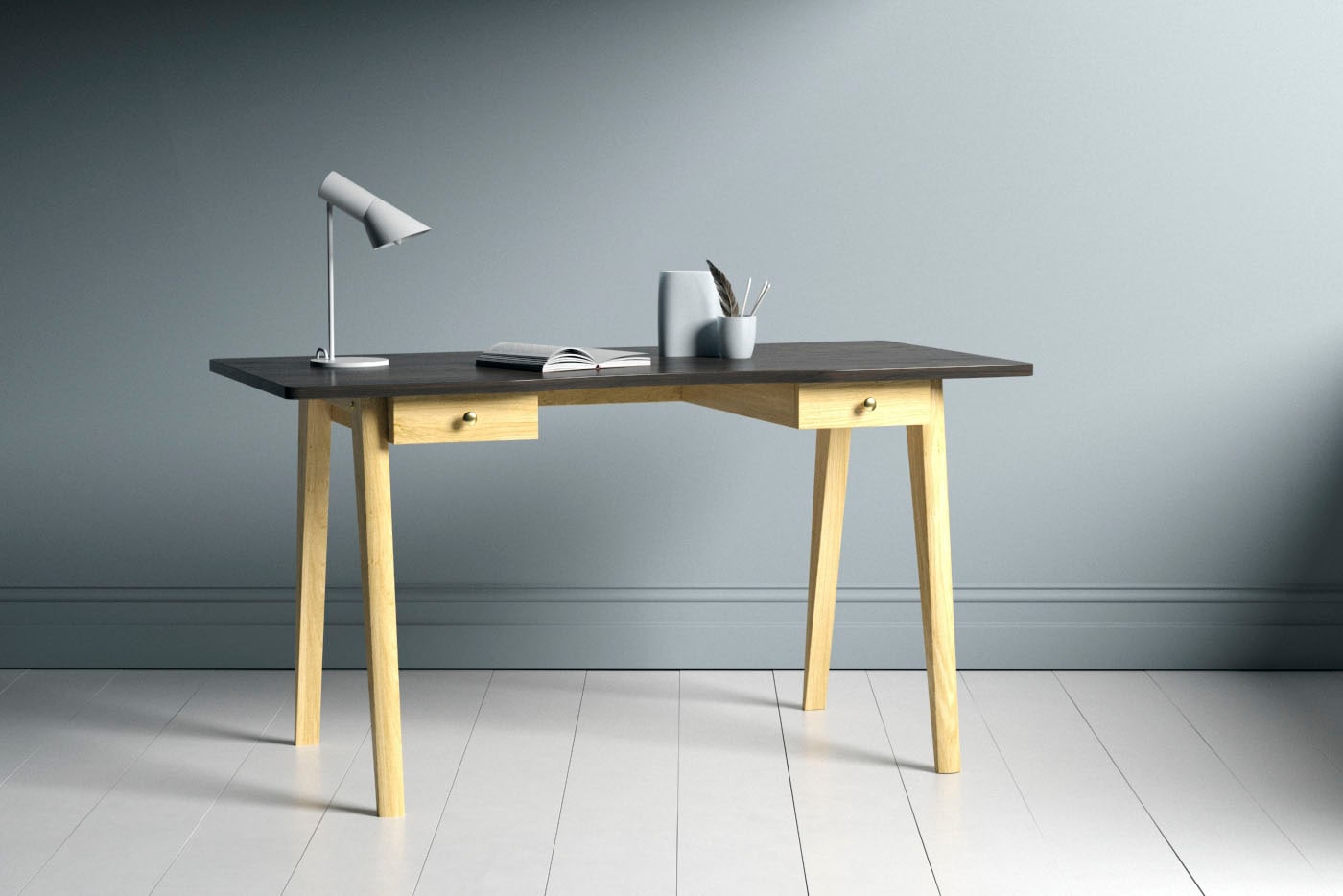 Schreibtisch WOODMAN "Nice", grau (smoke, eichefarben, dunkelbraun), B:140cm H:75cm T:70cm, Tische, Schreibtisch, im skandinavian Design, Tischbeine aus massiver Eiche, FSC