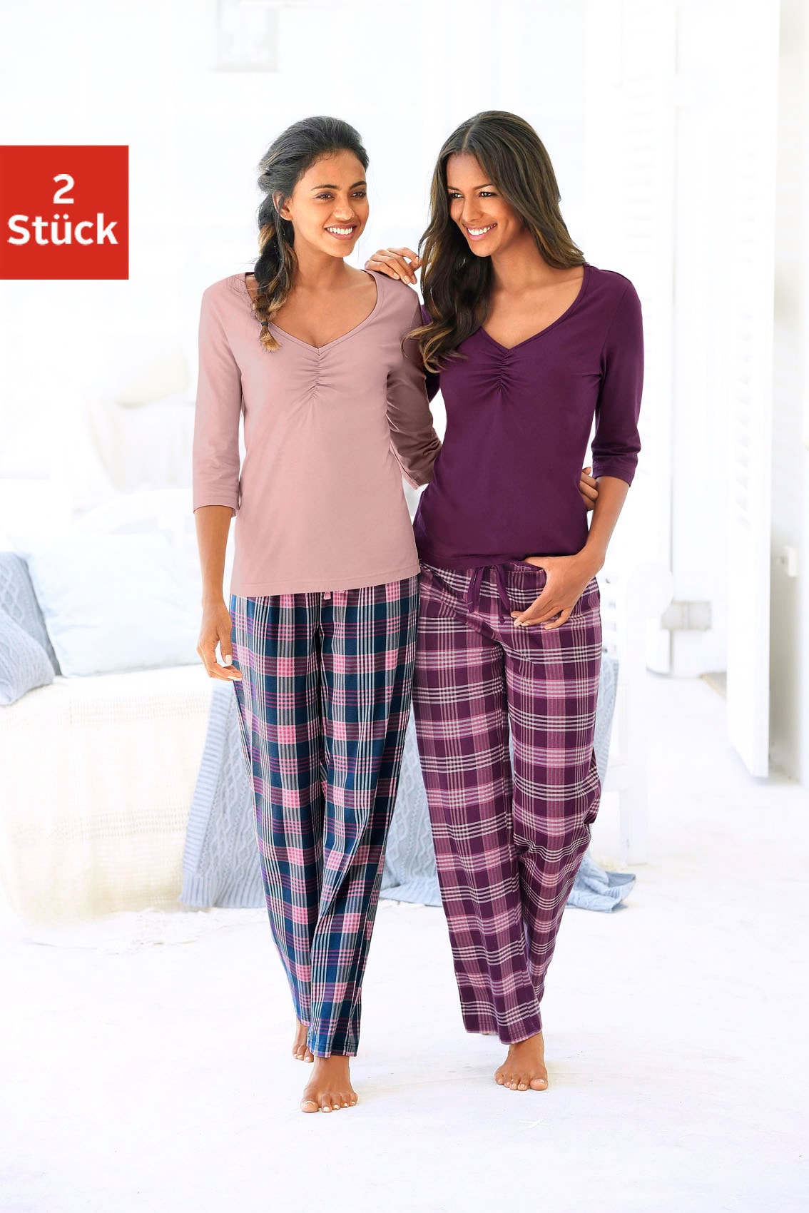 Pyjama VIVANCE DREAMS, Damen, Gr. 44/46, bunt (rosa, kariert, bordeaux, kariert), Single Jersey, Obermaterial: 100% Baumwolle, gemustert, unifarben, Basic, lang, Homewear-Sets Pyjama, mit karierter Hose Image
