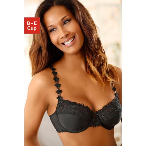 Bügel-BH NUANCE Gr. 95, Cup D, schwarz Damen BHs BH Bügel-BH Dirndl-BH Hochzeitsdessous Hochzeitswäsche Spitzen-BH Spitzenwäsche Balconette-BH Trachtenwäsche mit schöner Stickereispitze am Obercup und den Trägern, Dessous