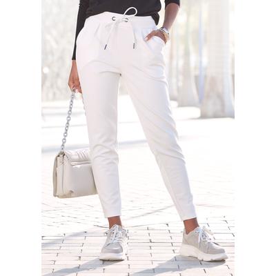 Schlupfhose LASCANA, Damen, Gr. 34, N-Gr, weiß (wollweiß), Jersey, Obermaterial: 86% Polyester, 10% Viskose, 4% Elasthan, unifarben, casual, figurumspielend knöchellang, Hosen, mit Taschen, Jogginghose, elegant-sportlich, Jerseyhose, Topseller Image