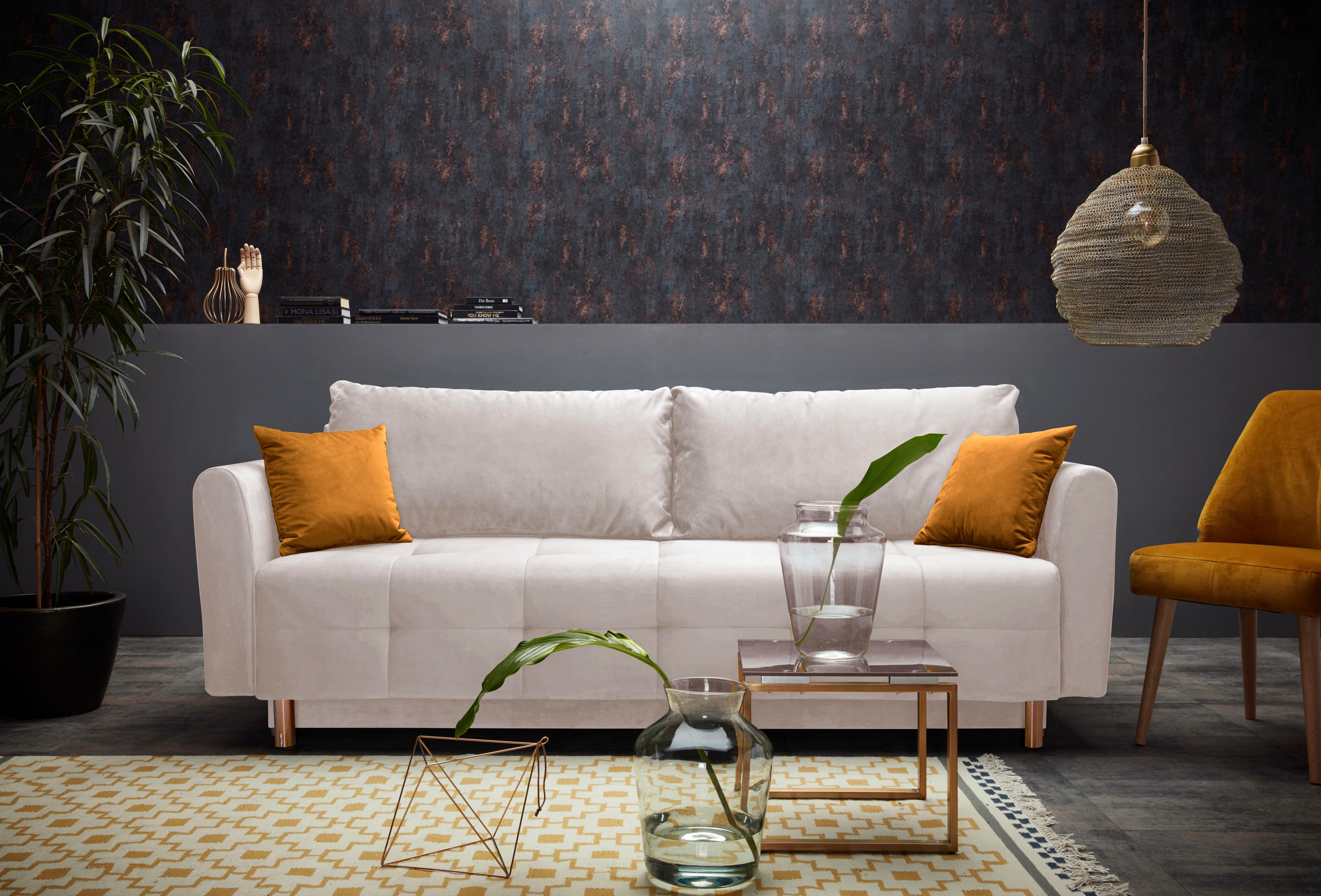Schlafsofa HOME AFFAIRE "Nordic", beige, B:219cm H:93cm T:88cm, Microfaser PRIMABELLE (100% Polyester);Samtoptik (100% Polyester);Zierkissen: 100%Polyester, Sofas, Schlafsofa, mit Federkern und Metallbeinen, Steppung im Sitzbereich