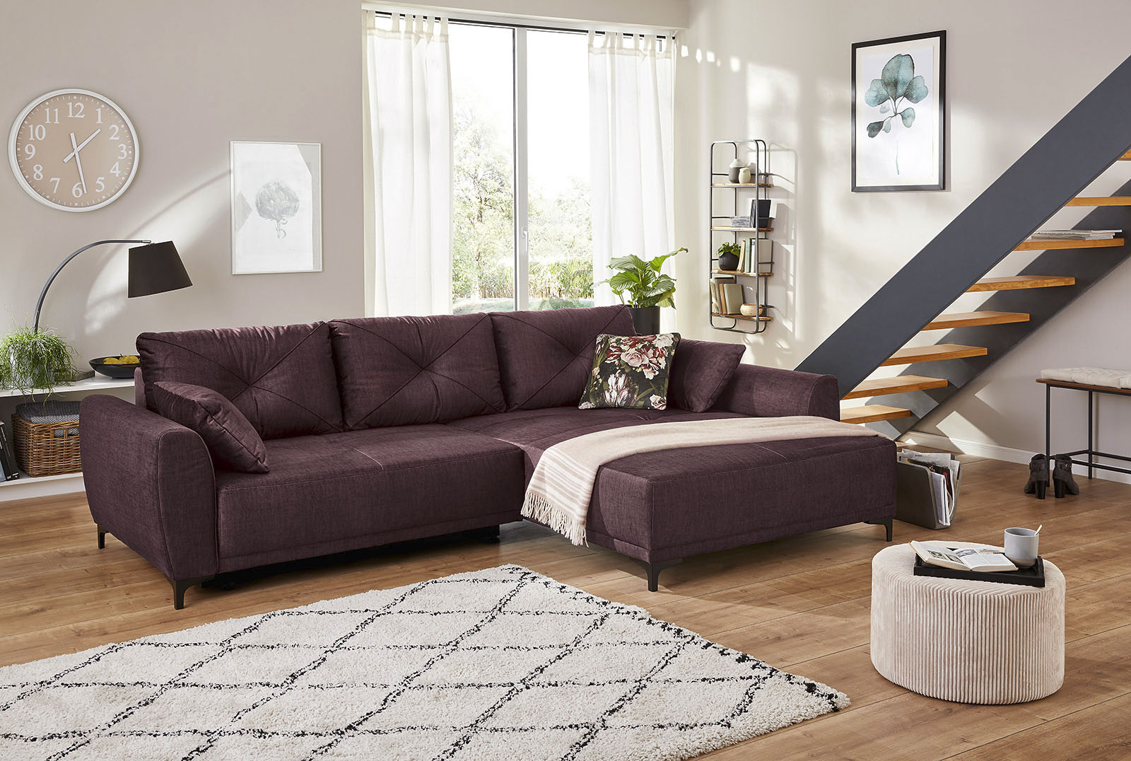 Ecksofa JOCKENHÖFER GRUPPE "Aviano L-Form", lila (aubergine), B:275cm T:103cm, Korpus: 100% Polyester;Kissen: 100% Polyester, Sofas, inkl. praktischer Bettfunktion, Stauraum/Bettkasten, Wellenfederung Image