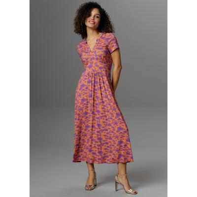 Sommerkleid ANISTON CASUAL, Damen, Gr. 48, N-Gr, orange (orange, lila), Jersey, Obermaterial: 95% Viskose, 5% Elasthan, geblümt, bedruckt, modisch, figurumspielend wadenlang, V-Ausschnitt, Kurzarm, Kleider, mit topmodischem Blumendruck, Topseller Image