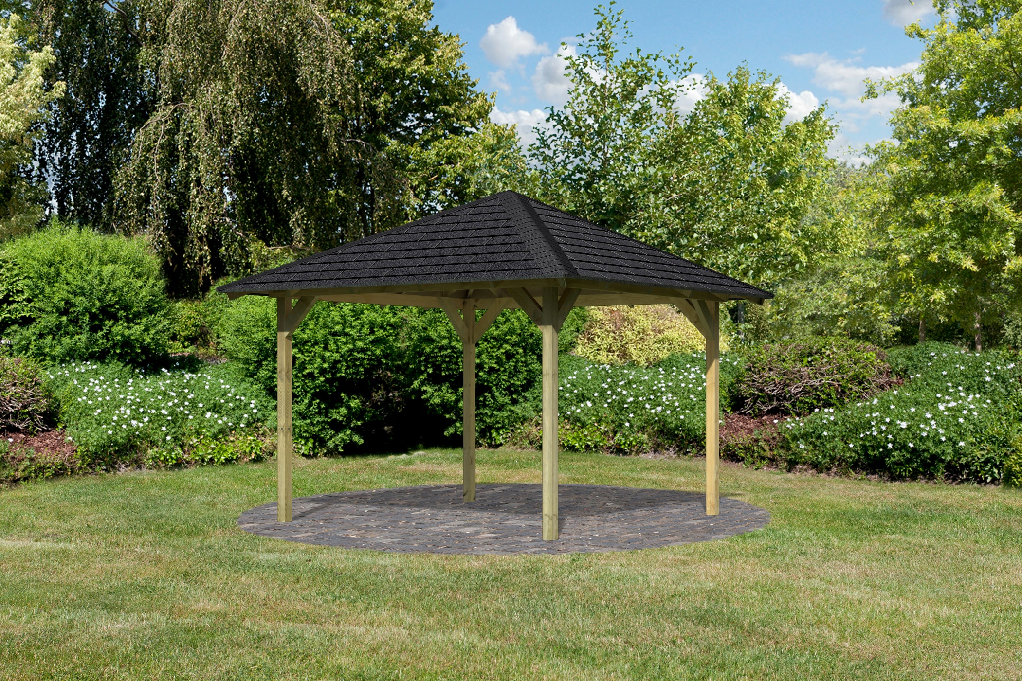 Pavillon KARIBU "Cordoba", schwarz, B/H/T: 357cm x 297cm x 357cm, Pavillons, BxTxH: 357x357x297 cm, mit schwarzen Dachschindeln