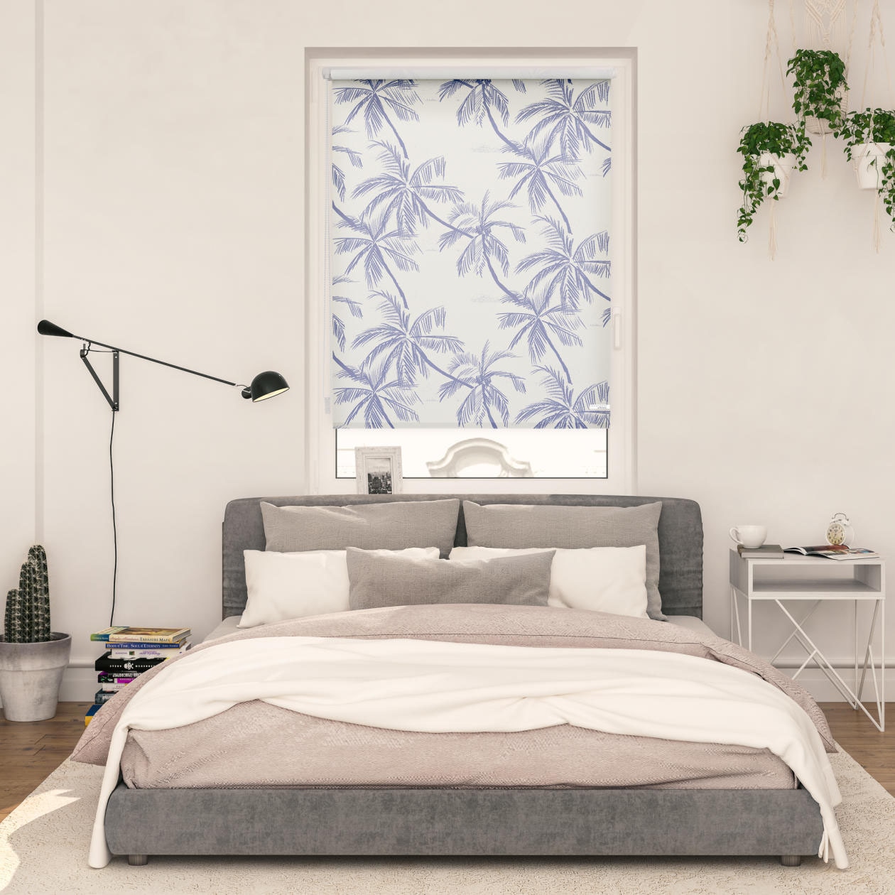 Seitenzugrollo LICHTBLICK ORIGINAL "Rollo Klemmfix, ohne Bohren, Verdunkelung, Blueprint Palms - Blau", blau (blau, weiß), B:120cm H:150cm, Polyester, Rollos Image