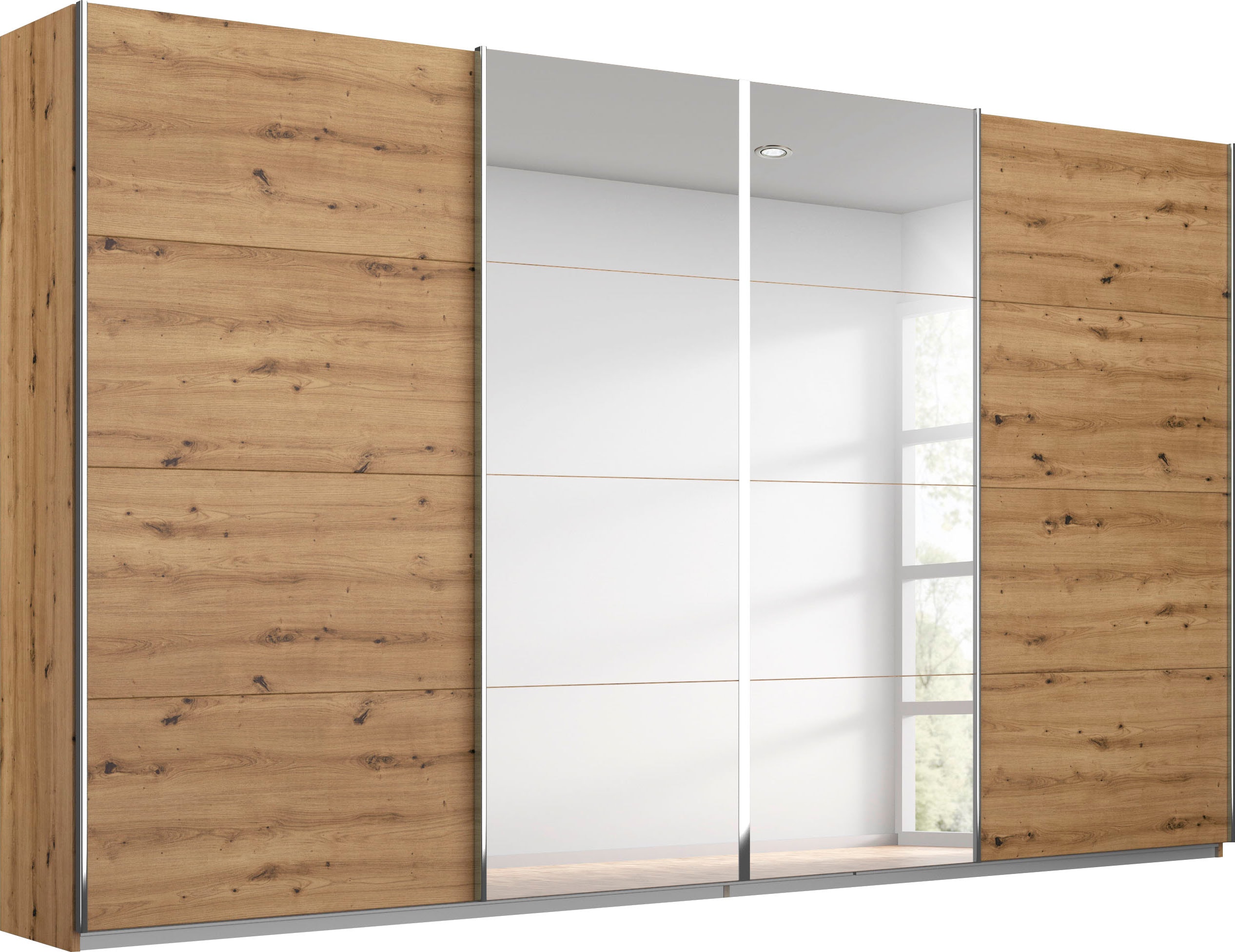 Schwebetürenschrank RAUCH "Kleiderschrank Schrank Garderobe Wäscheschrank Ankleide SYNCRONO", braun (eichefarben artisan, spiegel), B:316cm H:211cm T:62cm, Schränke, Schwebetürenschrank, mit Synchronöffnung