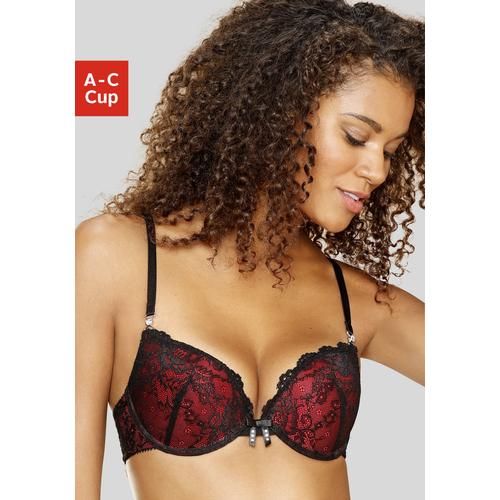 Push-up-BH JETTE Gr. 80, Cup A, rot (dunkelrot, schwarz) Damen BHs BH Bügel-BH Hochzeitsdessous Hochzeitswäsche Push-up-BH Spitzen-BH Spitzenwäsche Spitzen-BHs mit extra dicken Kissen für maximales Volumen, sexy Dessous