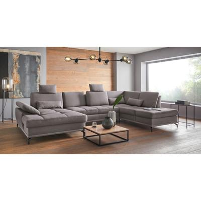 Wohnlandschaft PLACES OF STYLE "Costello U-Form, mit Sitztiefenverstellung, Armteilverstellung und", grau, B:363cm H:89cm T:223cm, 100% Polyester, Samtoptik (100% Polyester), Sofas, 3 Nierenkissen, optional Bettfunktion und Bettkasten Image