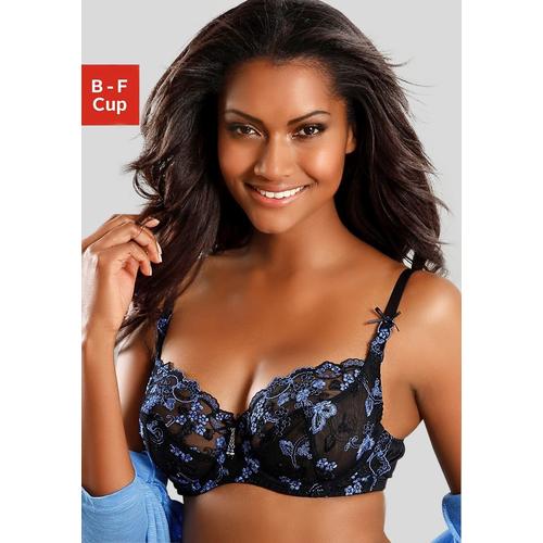 Bügel-BH LASCANA Gr. 75, Cup E, blau (blau, schwarz) Damen BHs BH Bügel-BH Dirndl-BH Hochzeitsdessous Hochzeitswäsche Spitzen-BH Spitzenwäsche Trachtenwäsche mit transparenter Stickerei-Spitze, Dessous