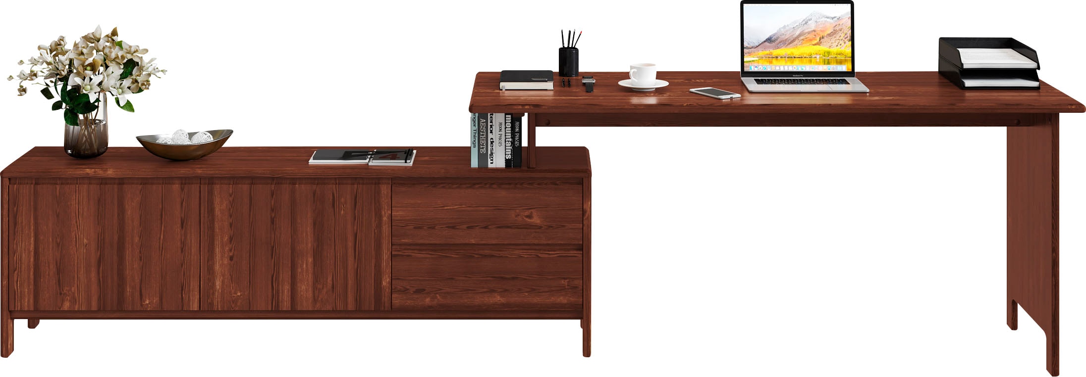 Schreibtisch HOME AFFAIRE "Luven, aus Massivholz", braun (dunkelbraun), B:170cm H:76cm T:60cm, Tische, in 2 Breiten, variable Nutzung als Schreibtisch oder Eckschreibtisch