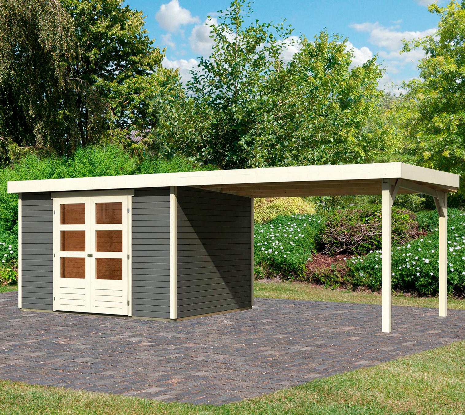 Gartenhaus KARIBU "Arnis 5" SET anthrazit mit Anbaudach 2,80 m Breite", grau (terragrau, elfenbeinfarben), ohne Fußboden, ohne Rück- und Seitenwand, ohne Dacheindeckung, Holzwerkstoff, Gartenhäuser, Gartenhaus, aus hochwertiger nordischer Fichte