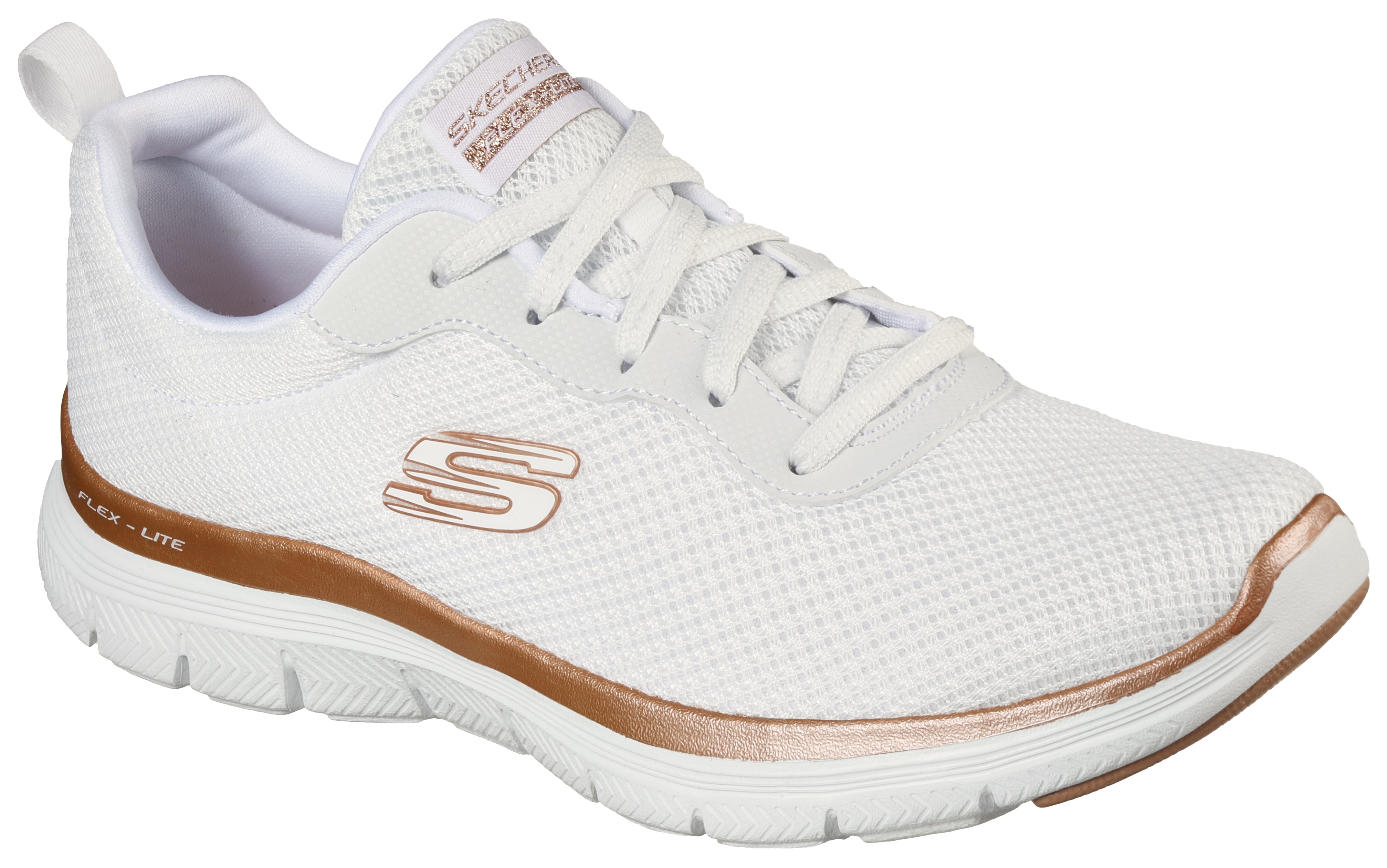 Sneaker SKECHERS "FLEX APPEAL 4.0 BRILLINAT VIEW", Damen, Gr. 36, rosa (weiß, roségoldfarben), Lederimitat, Textil, Schuhe Sneaker, Freizeitschuh, Halbschuh, Schnürschuh mit Air Cooled Memory Foam