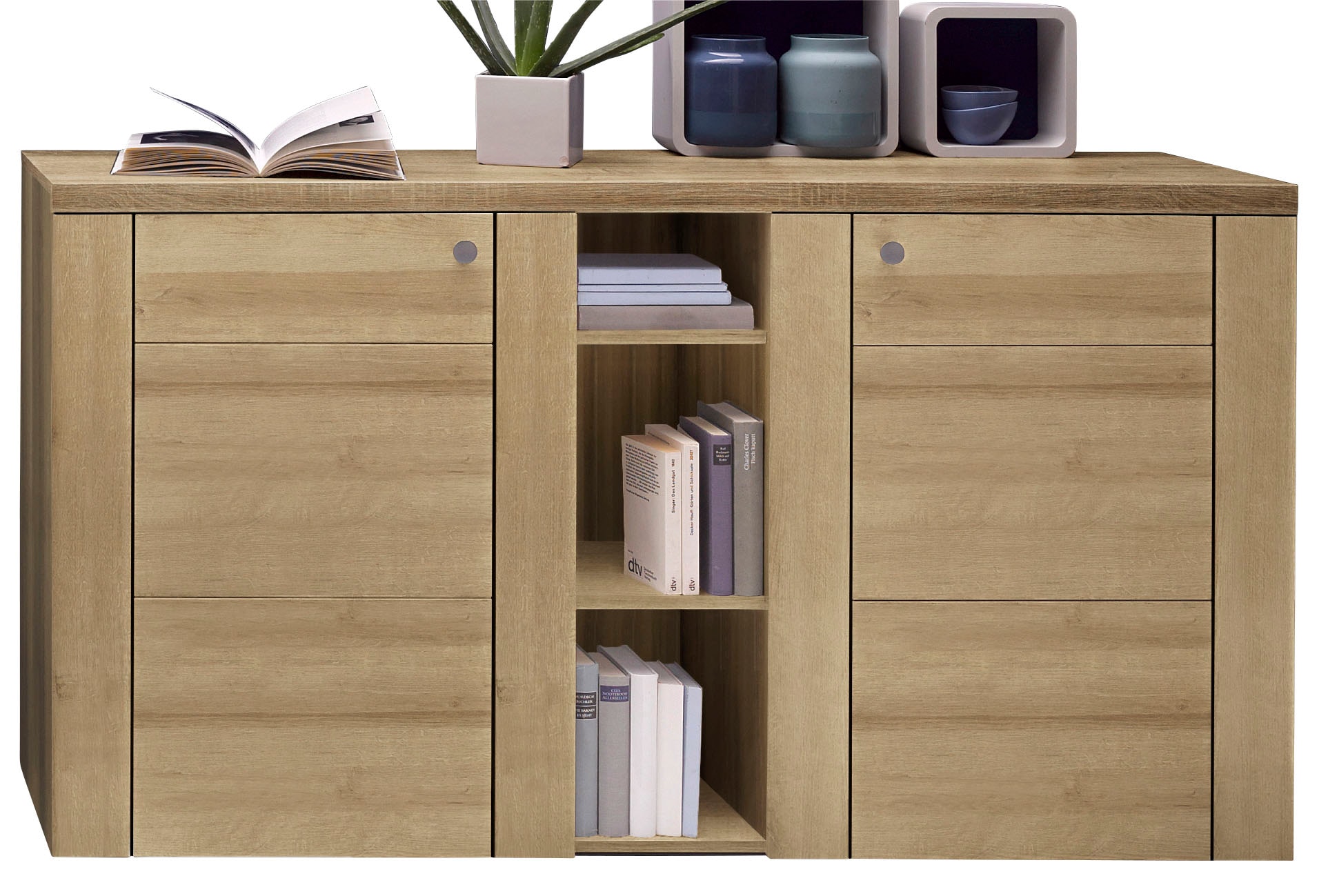 Sideboard HOME AFFAIRE "Larona, zeitlose Kommode mit 2 Türen, Türkommode, Breite 155 cm", braun (eichefarben riviera), B:155cm H:84,9cm T:37,1cm, Sideboards, Höhe 84 cm, viel Stauraum, Anrichte mit dekorativer Rahmenoptik