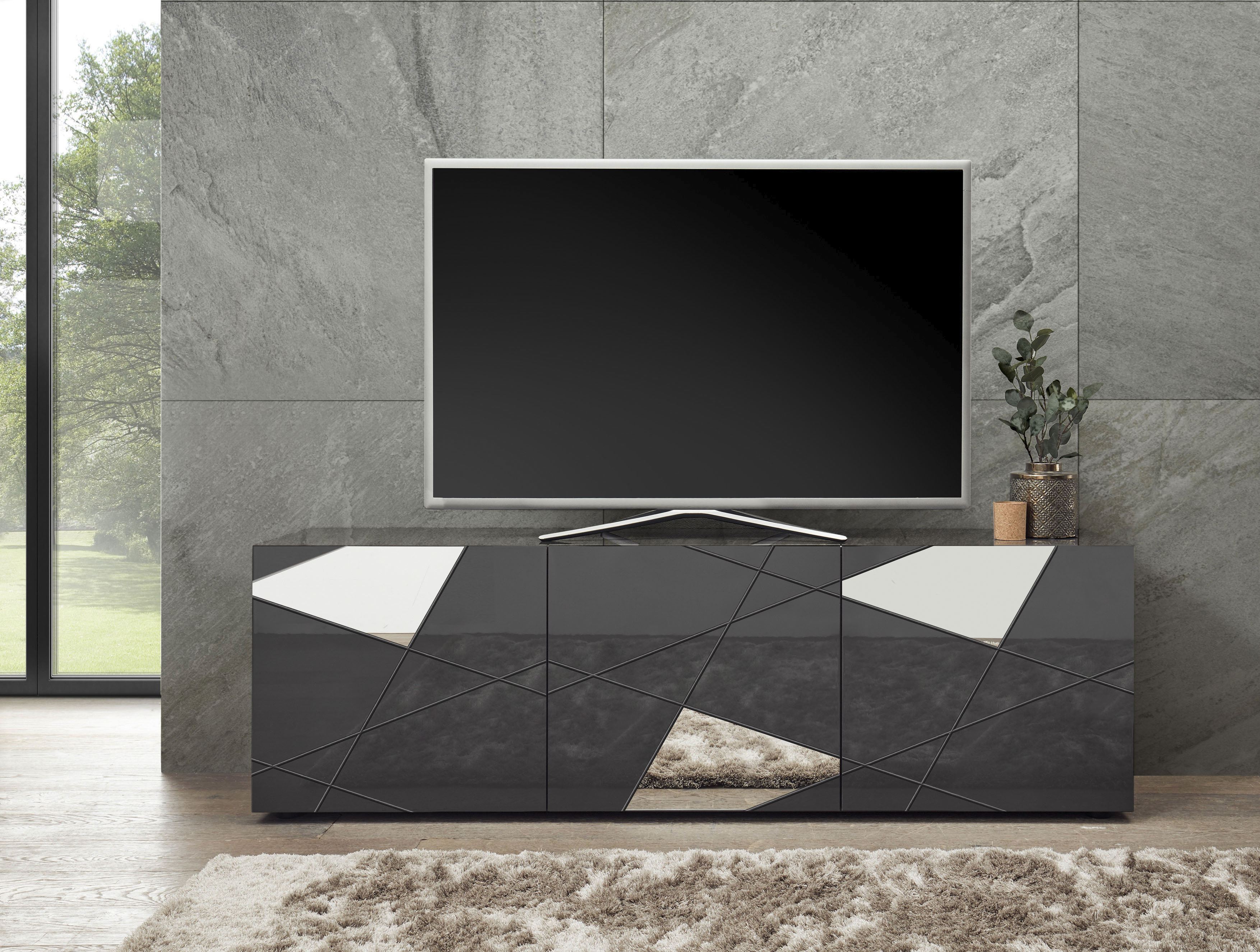 Lowboard INOSIGN "Vittoria", grau (anthrazit hochglanz lack), B:181cm H:57cm T:42cm, Sideboards, Lowboard, Breite 181 cm, Front mit Siebdruck und Spiegel