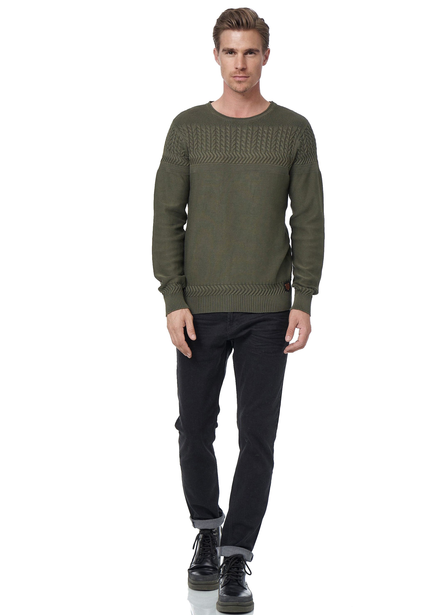 Strickpullover RUSTY NEAL, Herren, Gr. XL, grün (khaki), 100% Baumwolle, unifarben, normal, Rundhals, Pullover, mit aufwendigem Strickmuster Image