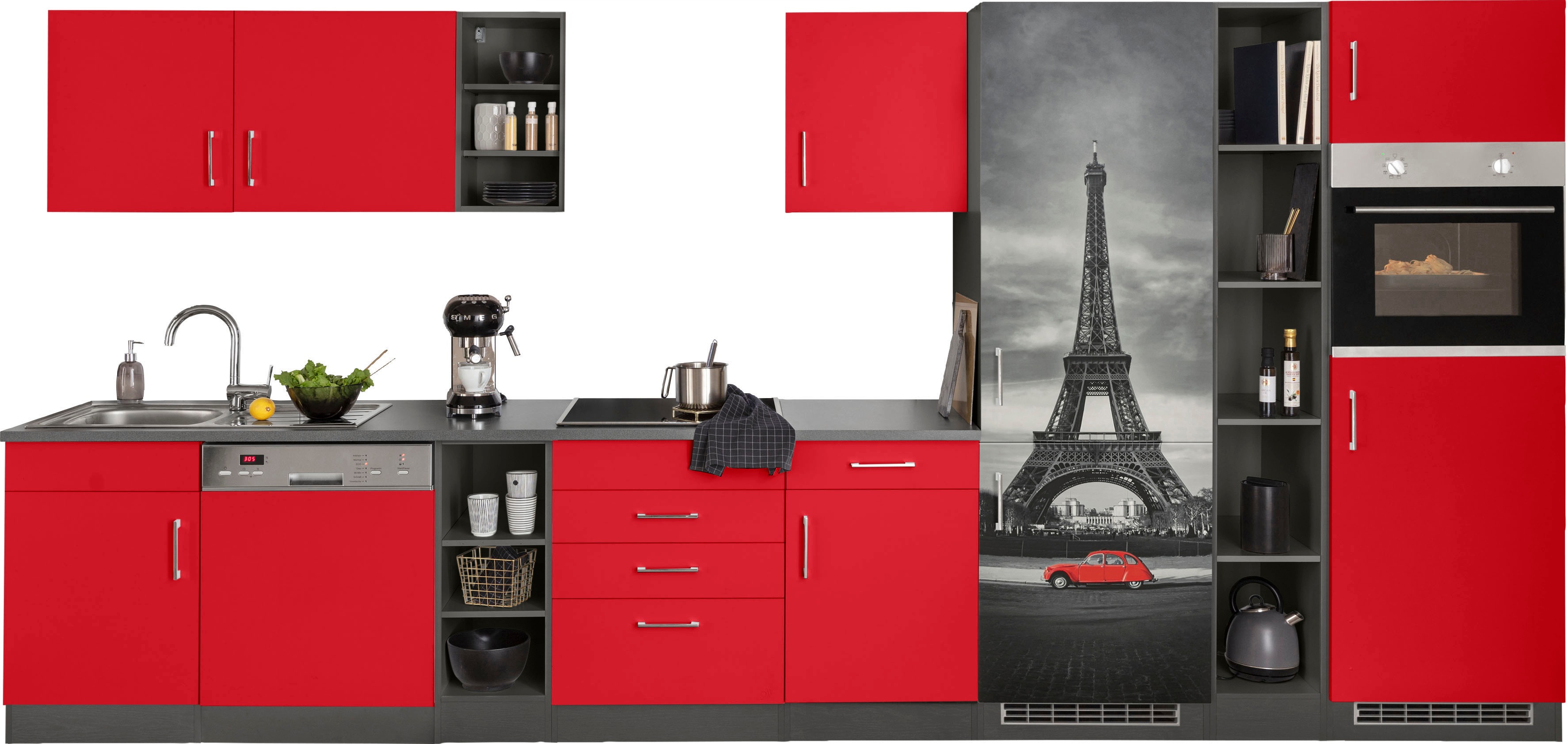 Küchenzeile KOCHSTATION "KS-Paris", rot (küche: rot, korpus: grafit, arbeitsplatte: anthrazit), B:400cm T:60cm, Komplettküchen-Sets, ohne E-Geräte, Breite 400 cm Image