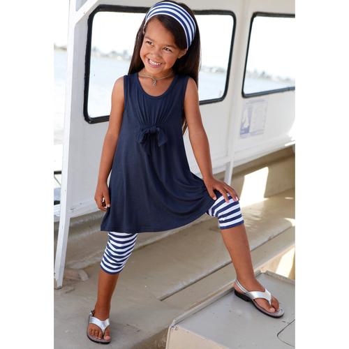 Kleid, Leggings & Haarband KIDSWORLD Gr. 128/134, blau (marine, weiß) Mädchen KOB Set-Artikel Spar-Sets Capri und Haarband maritim geringelt