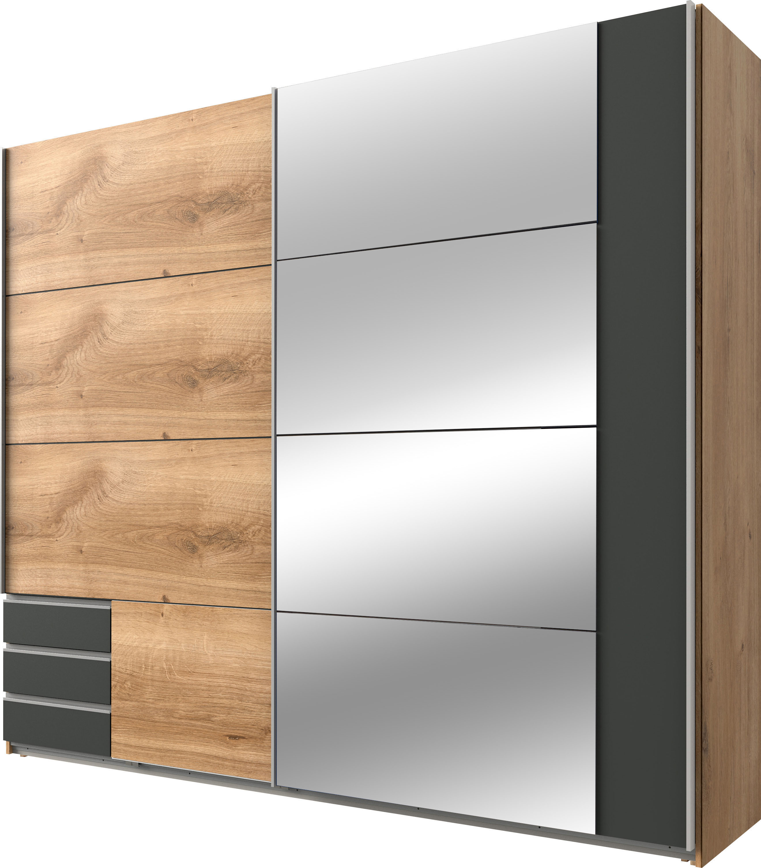 Schwebetürenschrank WIMEX "Emden moderner Kleiderschrank mit Spiegel und Schubladen BESTSELLER", grau (plankeneiche nachbildung, graphit), B:225cm H:210cm T:64cm, Schränke, Schwebetürenschrank, Schlafzimmer Schrank Garderobenschrank mit Schwebetüren...