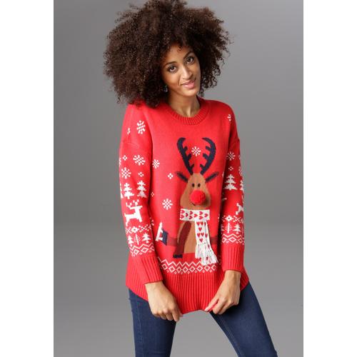 Weihnachtspullover ANISTON CASUAL Gr. 38, rot (rot-weiß-marine-hellbraun-braun) Damen Pullover mit Bommel-Nase und Fransenschal Bestseller