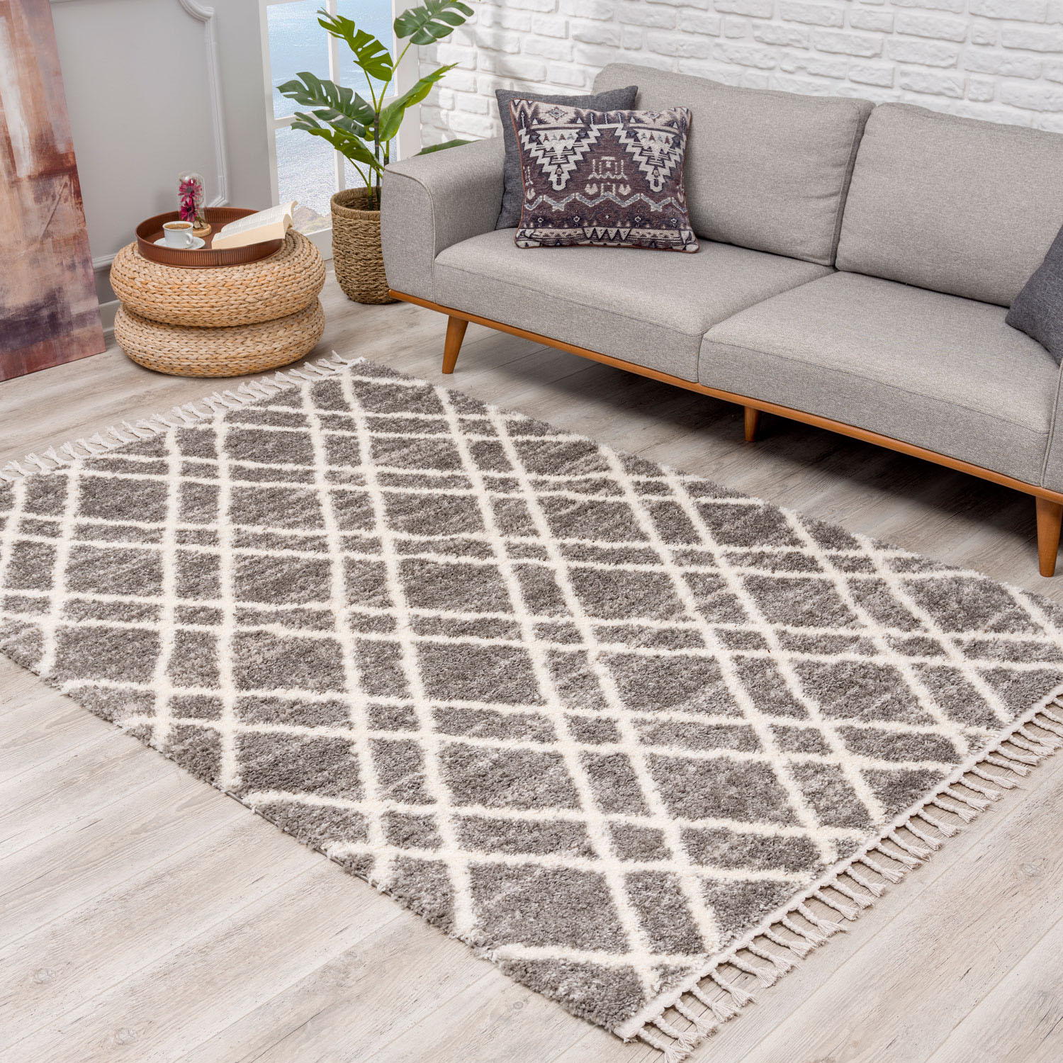 Hochflor-Teppich CARPET CITY "Pulpy 540" Gr. 35, grau, B:80cm H:30mm L:400cm, Kunstfaser, Teppiche, Fransenteppich, besonders weich, mit Fransen, Rauten-Optik Image