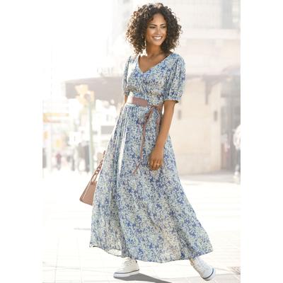 Maxikleid BUFFALO, Damen, Gr. 42, N-Gr, blau (blau, bedruckt), Web, Obermaterial: 100% Viskose, bedruckt, geblümt, modisch, figurbetont bodenlang, tiefer V-Ausschnitt, Kurzarm Puffärmel mit Gummizug, Kleider, mit zartem Blumendruck und V-Ausschnitt,... Image