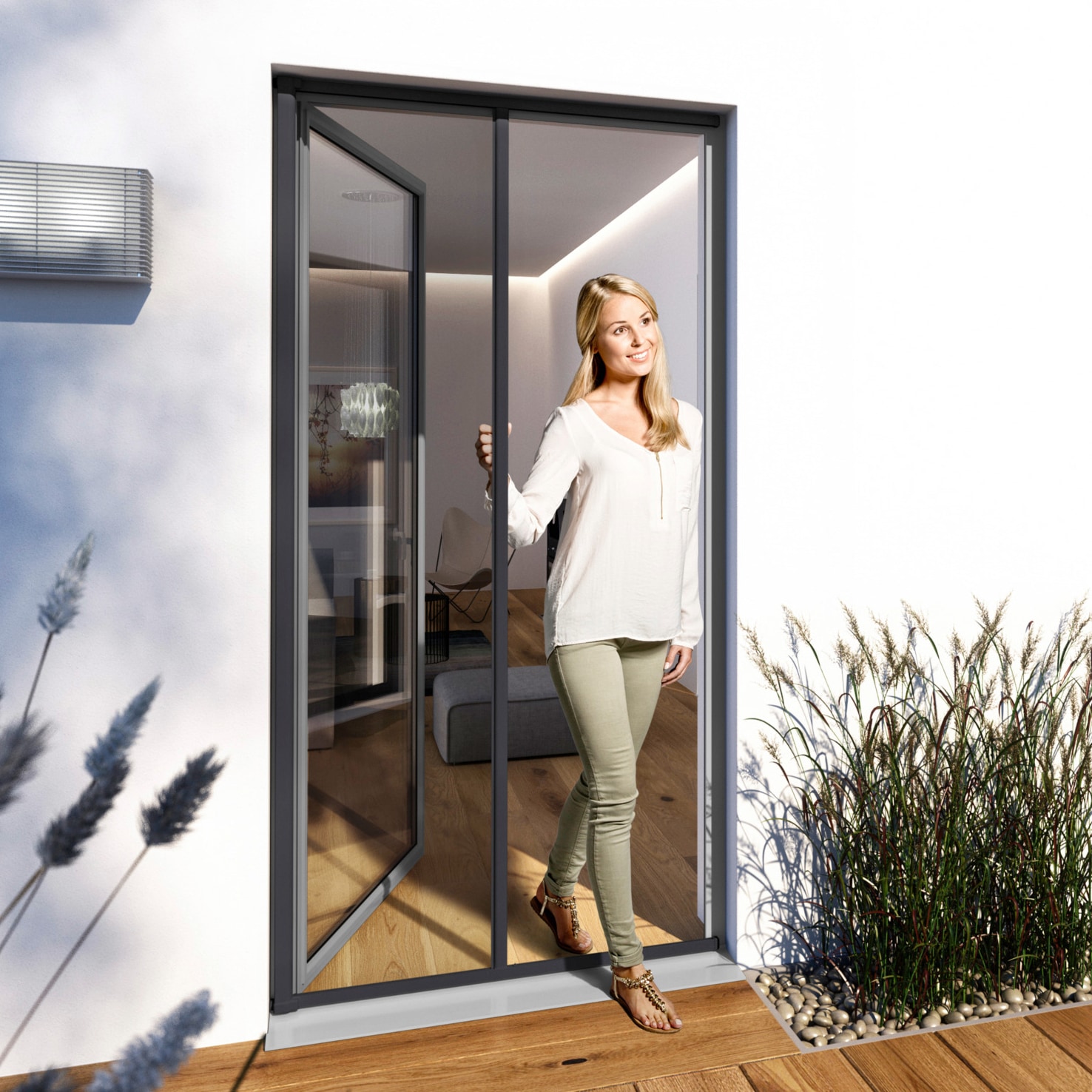 Insektenschutz-Tür WINDHAGER "Rollotür PLUS", grau (rahmen: anthrazit gewebe: anthrazit), B:225cm H:160cm, Insektenschutzgitter, BxH: 225x160 cm